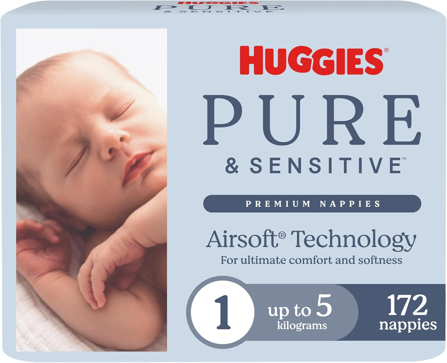 Huggies Pure & Sensitive Nappies, Size 1/5 Kg (Pack of 172) image number 6