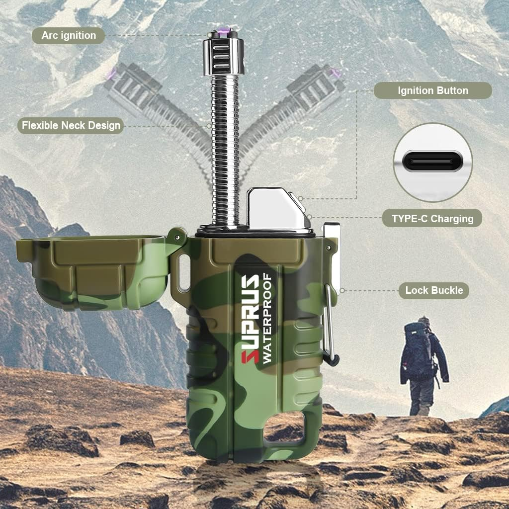 SUPRUS Waterproof Lighter Windproof Lighter Arc Plasma Lighters USB-C Rechargeable with Expandable and Flexible Neck for Outdoor, Camping & Kitchen (Camouflage) - Blue image number 6