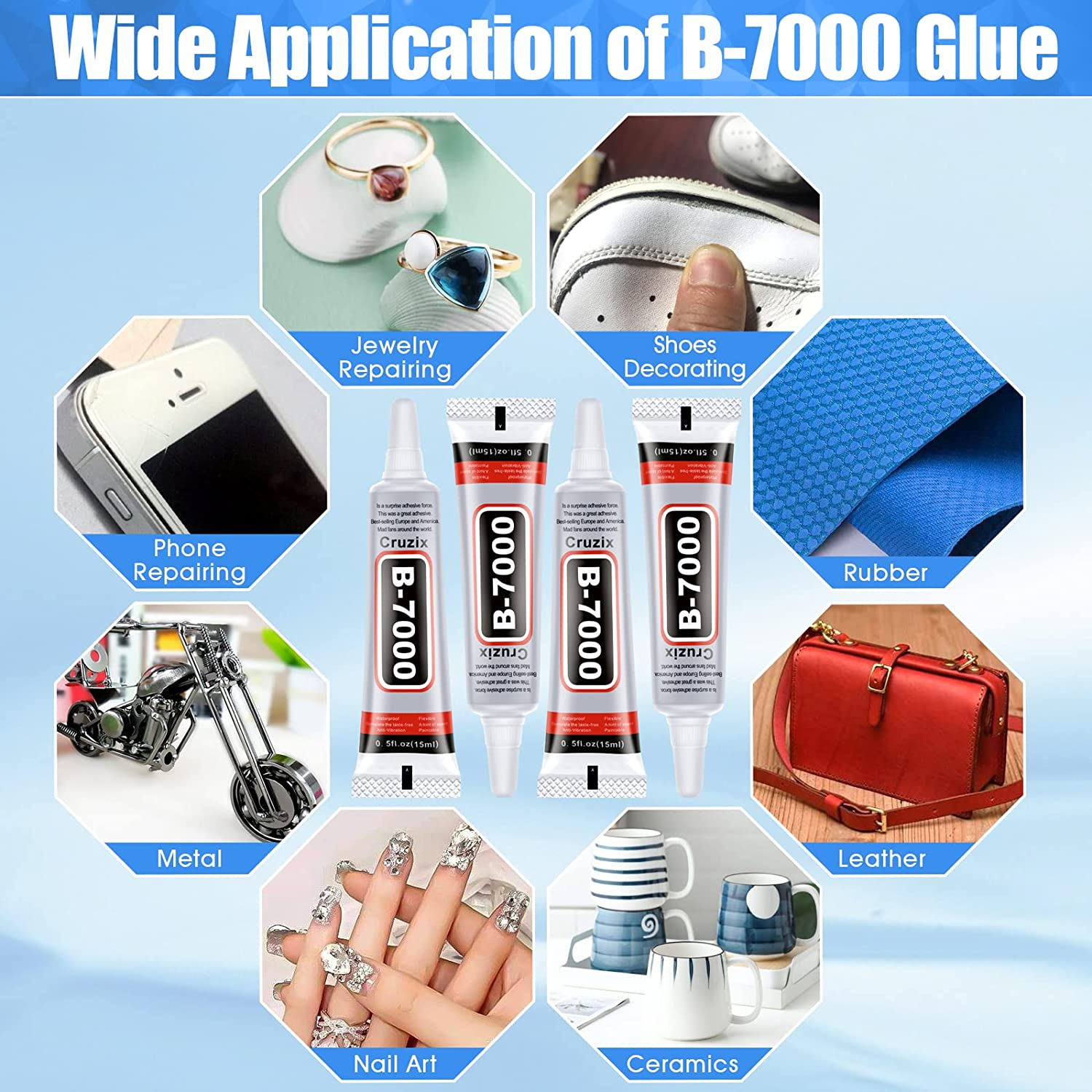 Cruzix B-7000 Glue Clear for Rhinestone Crafts, Jewelry and Bead Adhesive B7000 Semi Fluid High Viscosity Glues for Clothes Screen Repair Metal Stone Nail Art Glass (4X15 Ml/0.5 Oz) image number 4