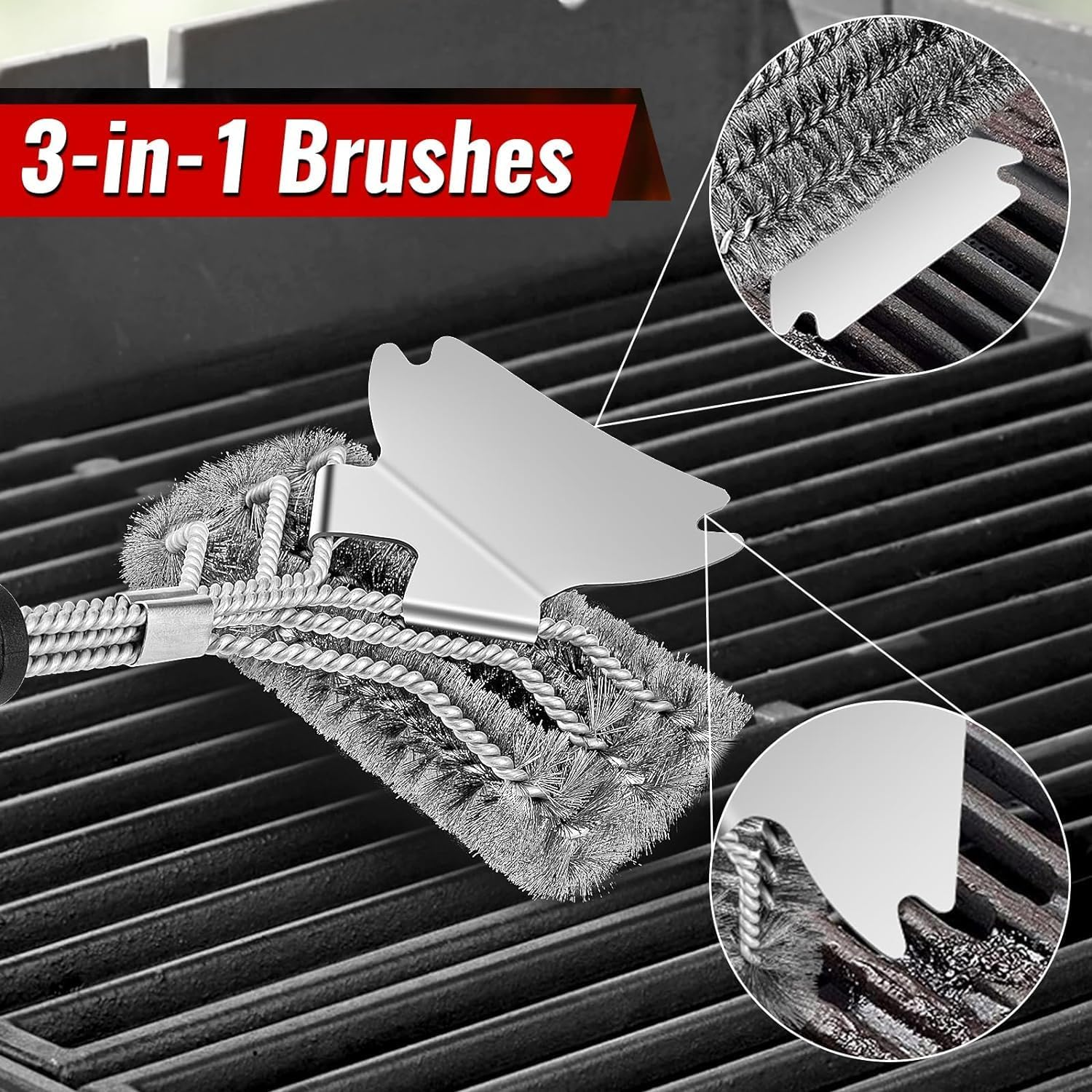 Grill Brush and Scraper Bristle Free, 2 Pack Stainless Steel BBQ Brushes with Handle for Grill Cleaning, Ideal Barbecue Accessorie for All Grill Types (Comes with 2 BBQ Oil Brushes) image number 2