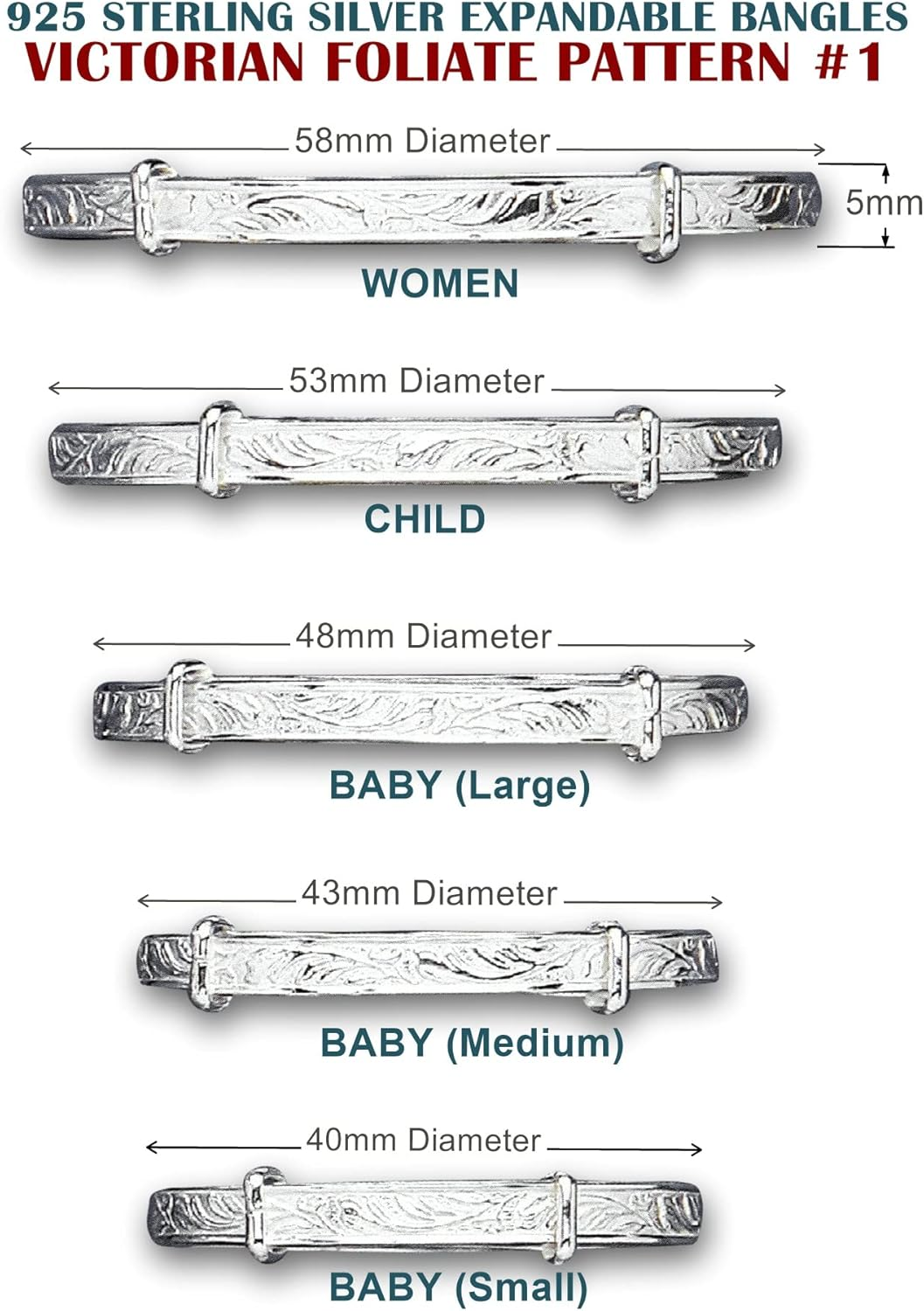Engraved/Embossed Pattern/Design Expanding/Expandable/Adjustable Bangle Bracelet for Baby/Child/Children/Women - 925 Sterling Silver - Childrens Jewellery - 3. Vict. Foliate 2 - Baby (Small) image number 2