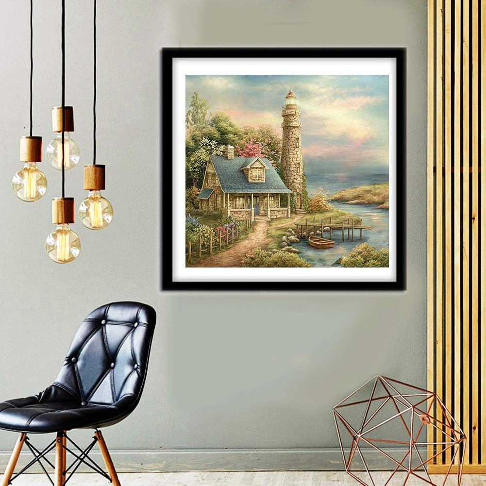 5D Diamond Painting Kits, Lighthouse Rural House Sea Flowers WOWDECOR Full Drill DIY Diamond Art Cross Stitch Paint by Numbers image number 2