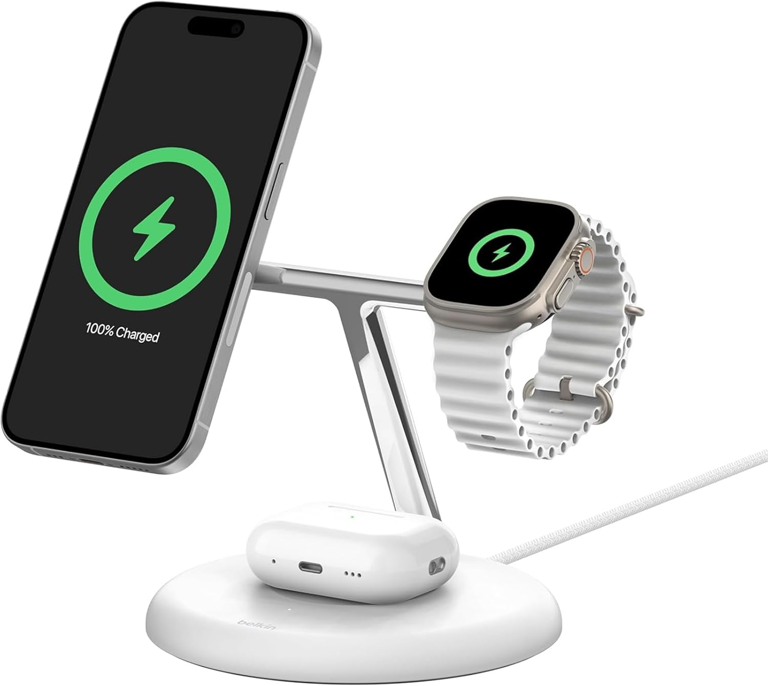 Belkin Boostcharge Pro 3-In-1 Wireless Charging Stand with Magnetic Qi2 15W, Fast Charging Iphone Charger Compatible with Iphone 15, 14, and 13 Series, Airpods, Apple Watch, & More - White