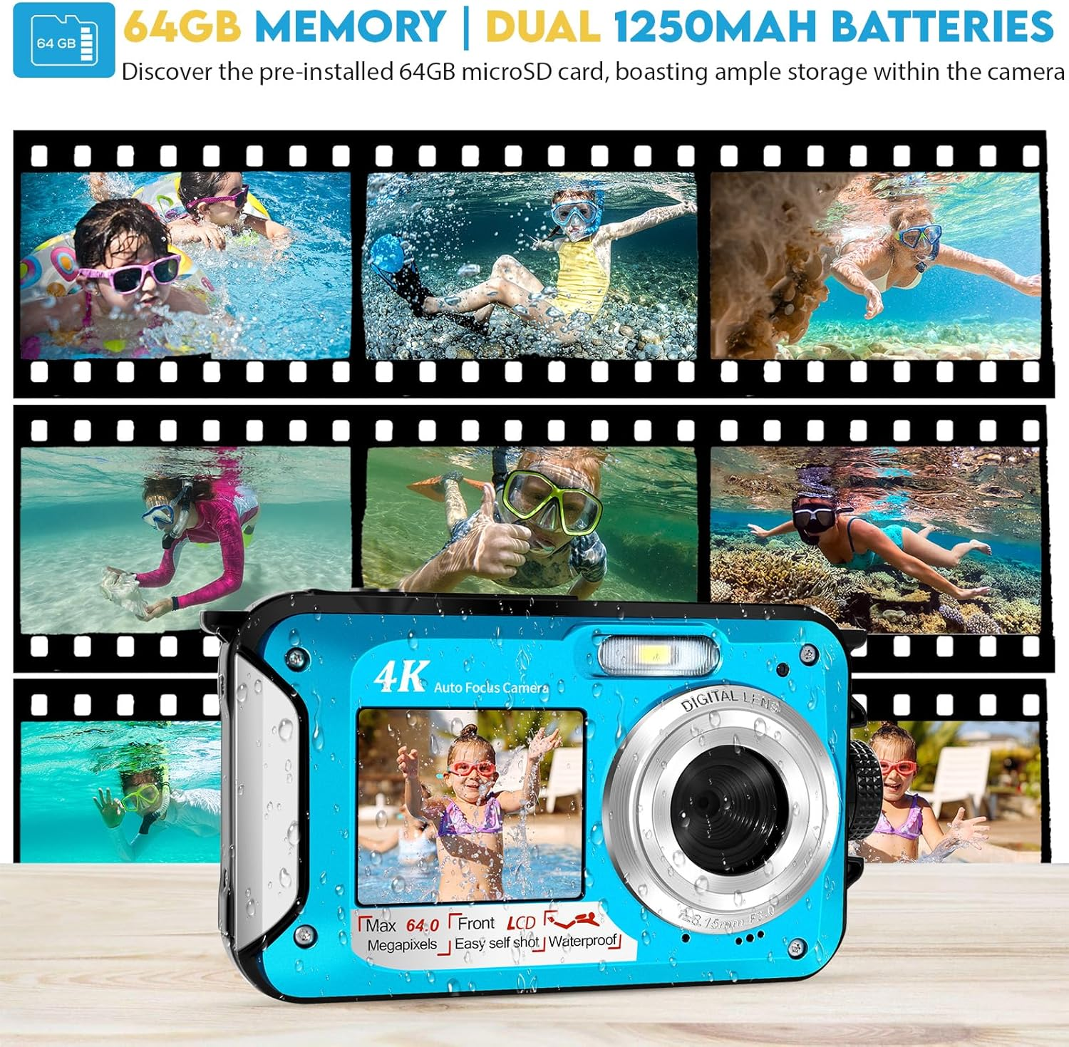 64MP Underwater Camera with 64GB Memory Card, 4K Waterproof Camera with Autofocus and Selfie Dual Screens, 5 Meter Waterproof Digital Camera, Kids Underwater Camera for Snorkeling (2 Batteries) image number 6