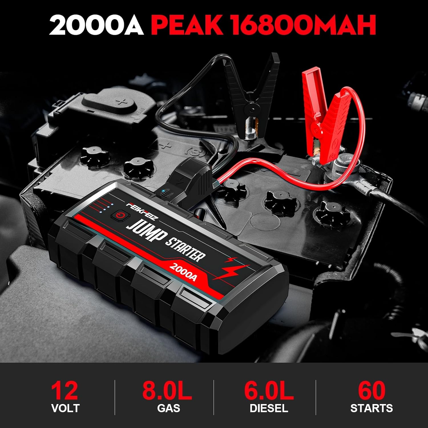 Car Jump Starter, 2000A Peak 16800Mah 12V Car Battery Starter(Up to 8.0L Gas, 6.0L Diesel Engine), with USB Quick Charge 3.0,LED Light.