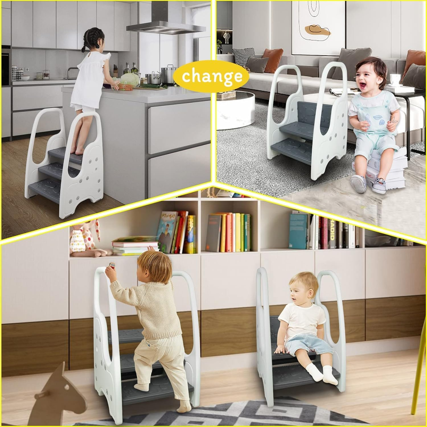 Toddler 3 Step Stool Kids Standing Tower for Toddlers Plastic Learning Helper Stool for Kitchen Counter Bathroom Sink Toilet Potty Training with Handles and Non-Slip Pads image number 2