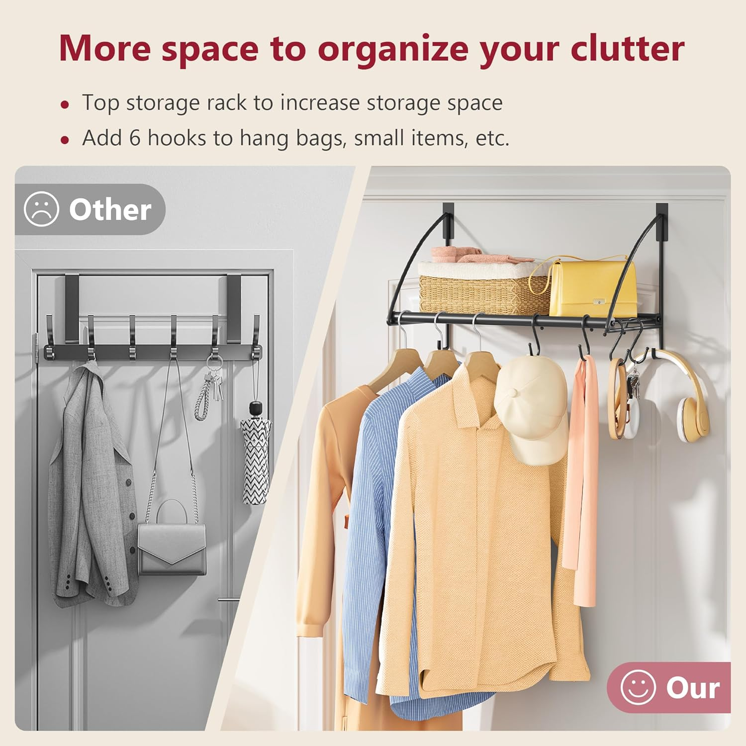 Tajsoon over the Door Hanger with Storage Rack and 6 Hooks, over the Door Clothes Racks for Hanging Towel & Coat, Door Rack Hanger for Bathroom, Bedroom, Living Room, Black image number 4