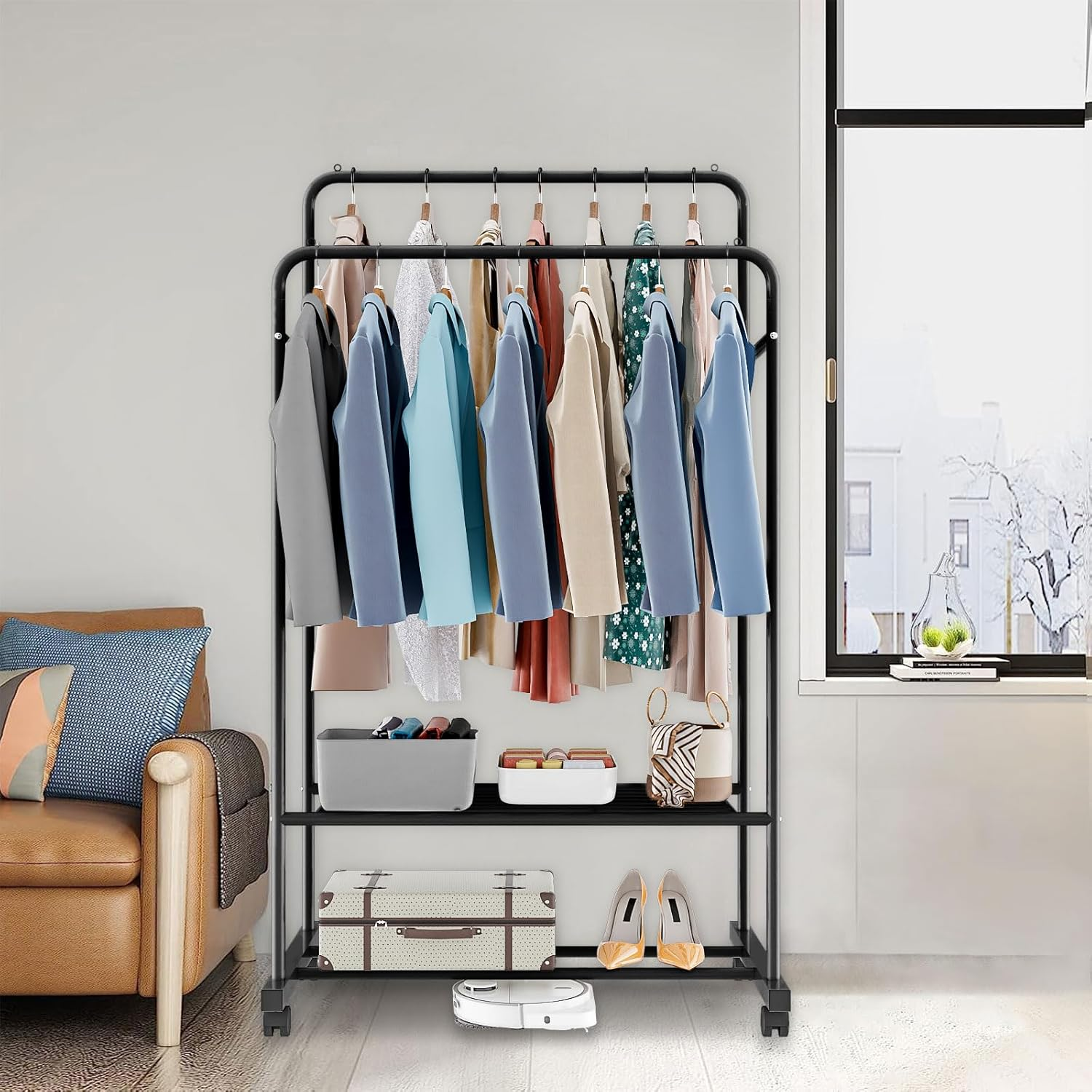 Untyo Clothing Rack with Wheels Double Rails Clothes Rack Rolling Rack for Indoor Bedroom Clothes Rack Max Load 110LBS Shelf on Wheels(Balck) - White image number 4