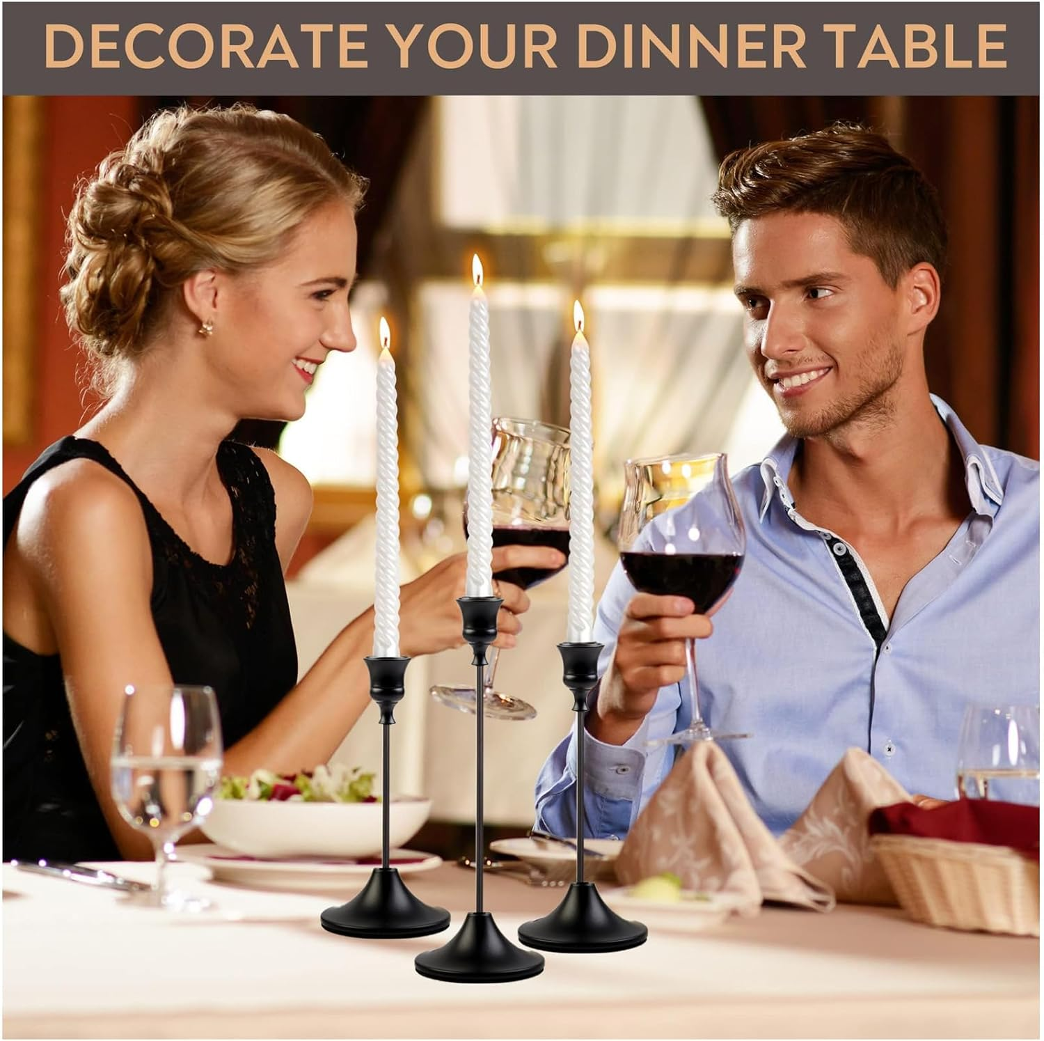 YELINTIAN Candlestick Holders of 6 Vintage Tall Taper Candlestick,Metal Taper Candle Holder for Home Wedding Table Mantel Centerpiece Anniversary Christmas Party Decor (Black) - Black 2.8-Inch image number 2