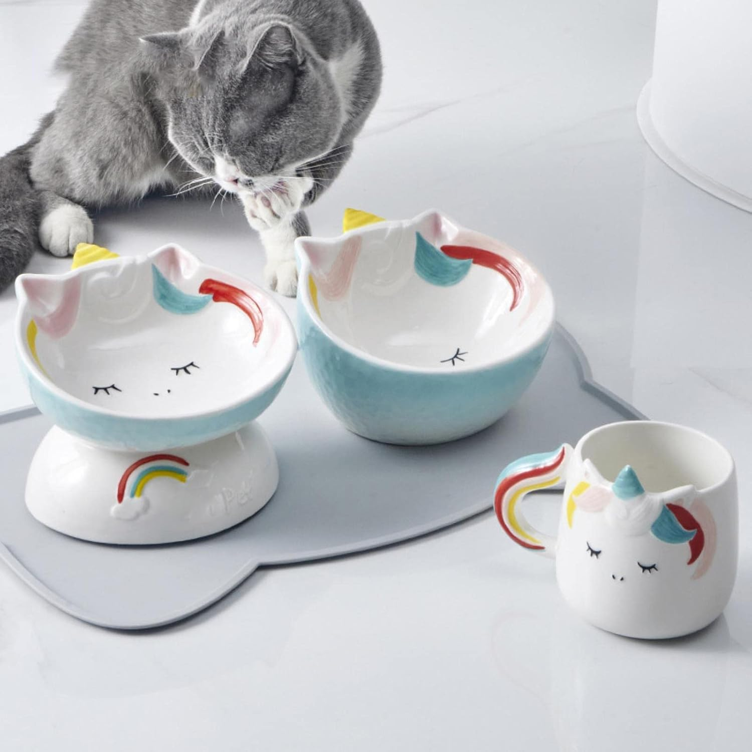 Ceramic Tall Bowl Pet Bowl with Slanted Mouth Ceramic Pet Food Bowl for Flat Faced Cats,Small Dogs,Protects Pets Spine-Ds16 Mint Green Water Bowl image number 4