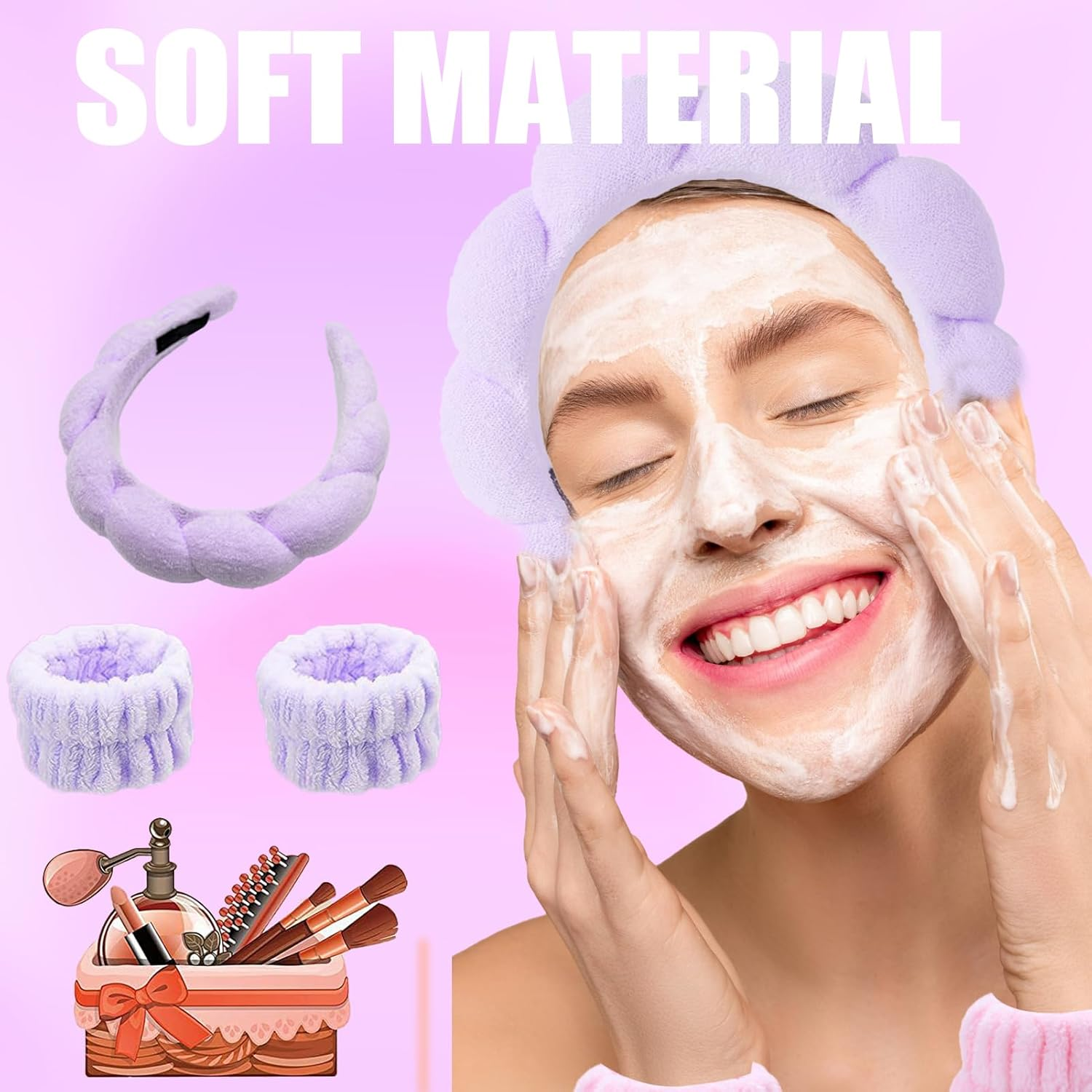 Headband Wrist Wash Band Set, Spa Face Hairband Wrist, Wrist Spa Wash Band, Sponge and Terry Cloth Fabric Headband, Wrist Makeup, Hair Band Velvet, Face Cleansing (#5) - 3 image number 4