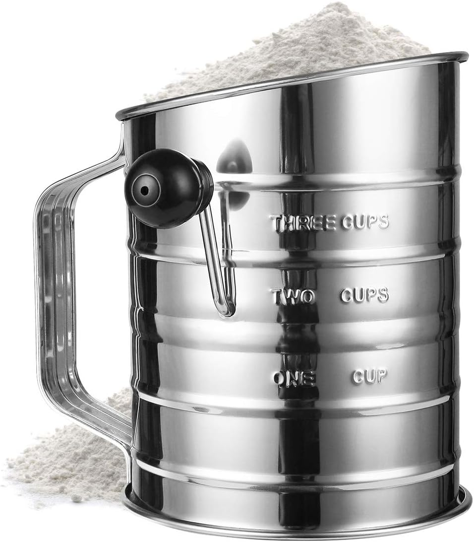 Flour Sifter for Baking Stainless Steel 3 Cup with 4 Wire Agitator Rotary Hand Crank 16 Fine Mesh Screen,Corrosion Resistant Baking Sieve Cup image number 5