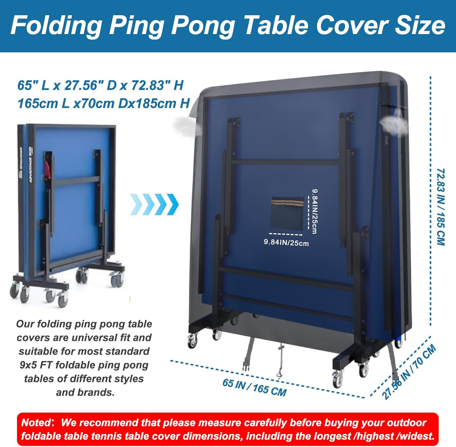 Folding Ping Pong Table Cover Outdoor Waterproof,420D Heavy Duty Foldable Table Tennis Table Cover with Paddle Pocket,2 Windproof Buckles,2 Air Vents,Universal Fits 9X5 FT Foldable Pingpong Tables image number 1