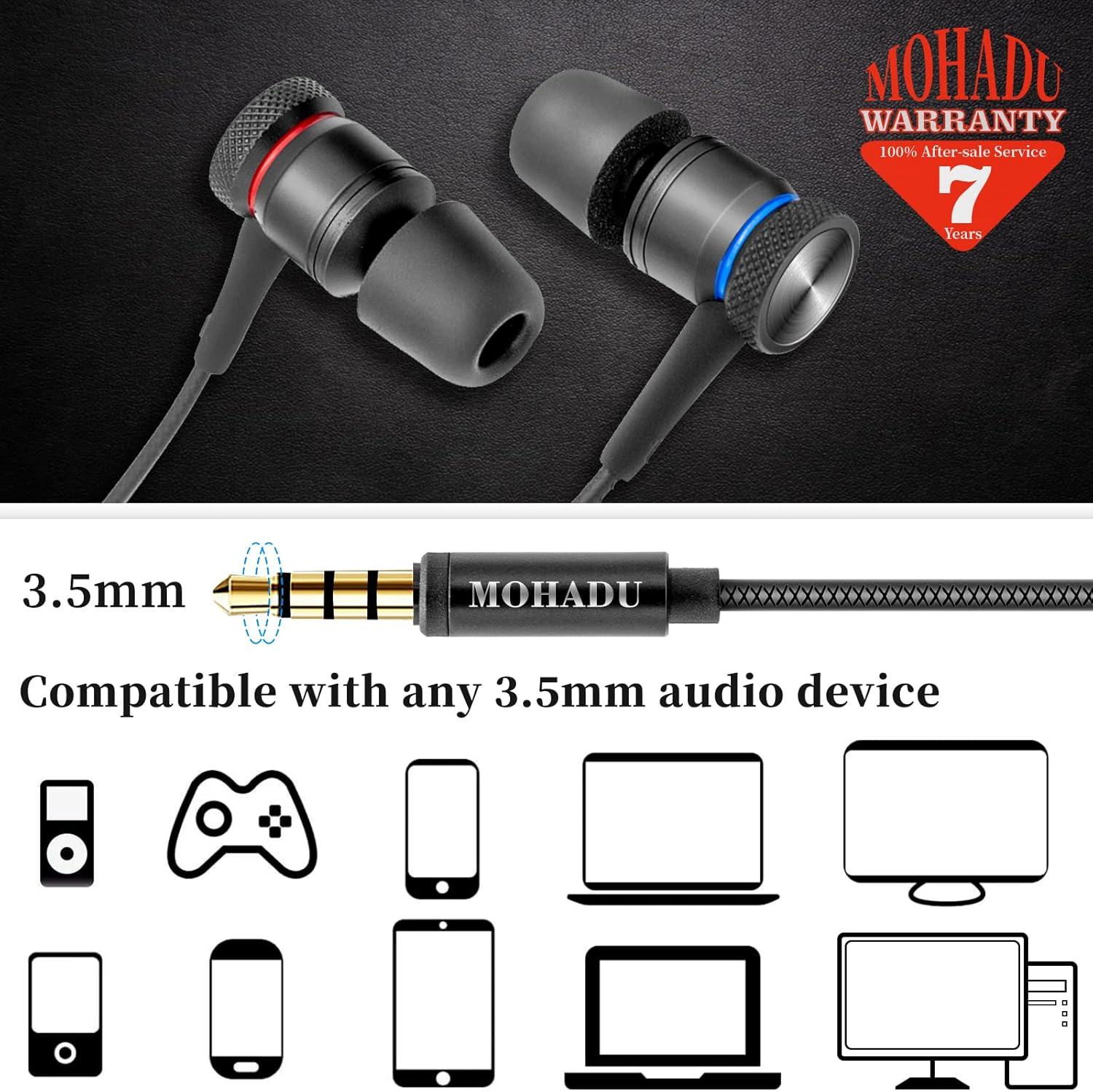 MOHADU Wired In-Ear Headphones with Microphone, Magnetic Noise Canceling, 3.5Mm Earbuds for Xiaomi, Huawei, Samsung, LG Etc, Black