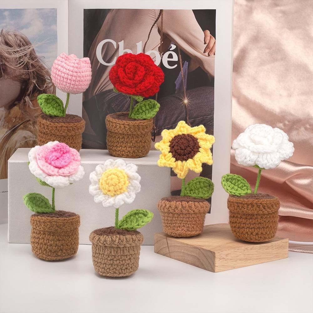 Handmade Crochet Flowers,Small Potted Knitted Desk Decorations Home Decoration Car Dashboard Decorations Crochet Artificial Flower (Sunflower) image number 2