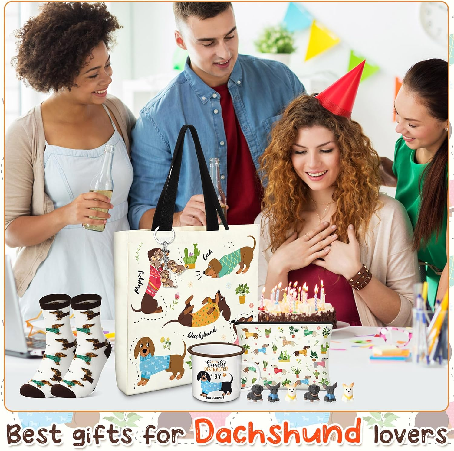Animal Lover Gifts for Women Animal Themed Gifts for Animal Lovers Valentine'S Day Gift Include Animal Canvas Tote Bag, Makeup Bag, Socks, Keychain, Enamel Mug, Small Figurines(Dachshund) image number 2