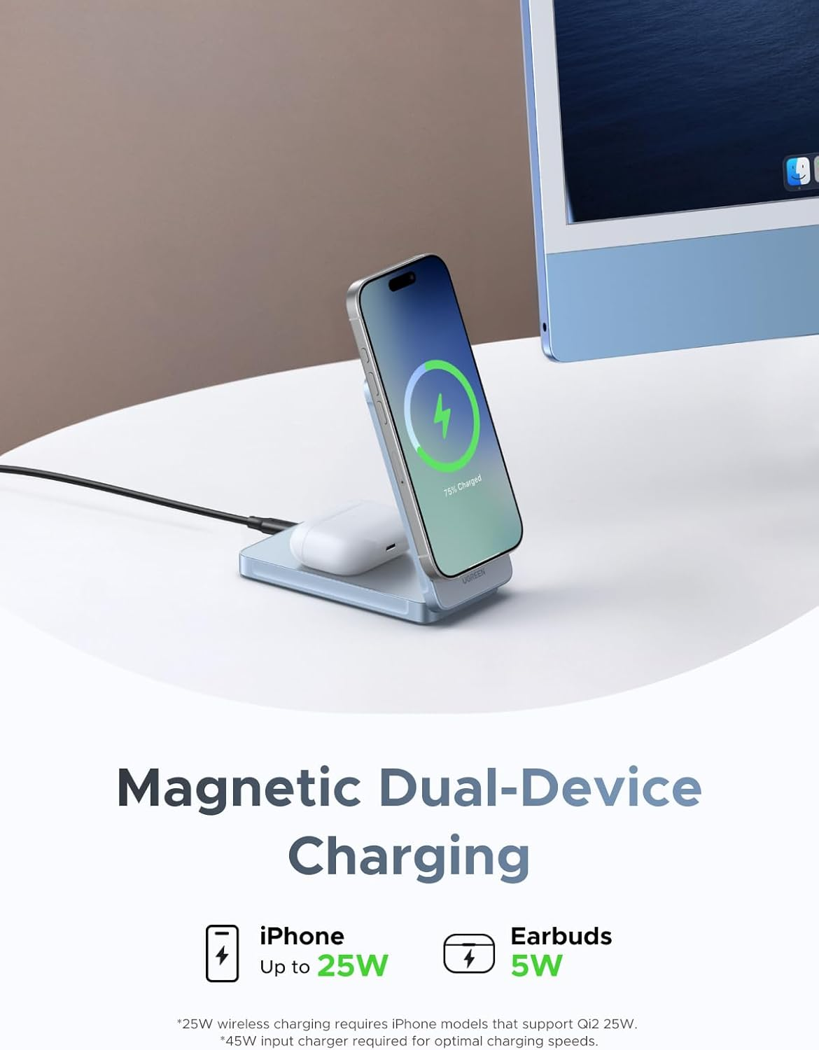 UGREEN Qi2 25W Magflow Foldable 2-In-1 Wireless Charger, Magsafe Fast Charging Pad for Iphone 17/16/15/14/13/12, Airpods, Compact Travel Stand with USB C Cable