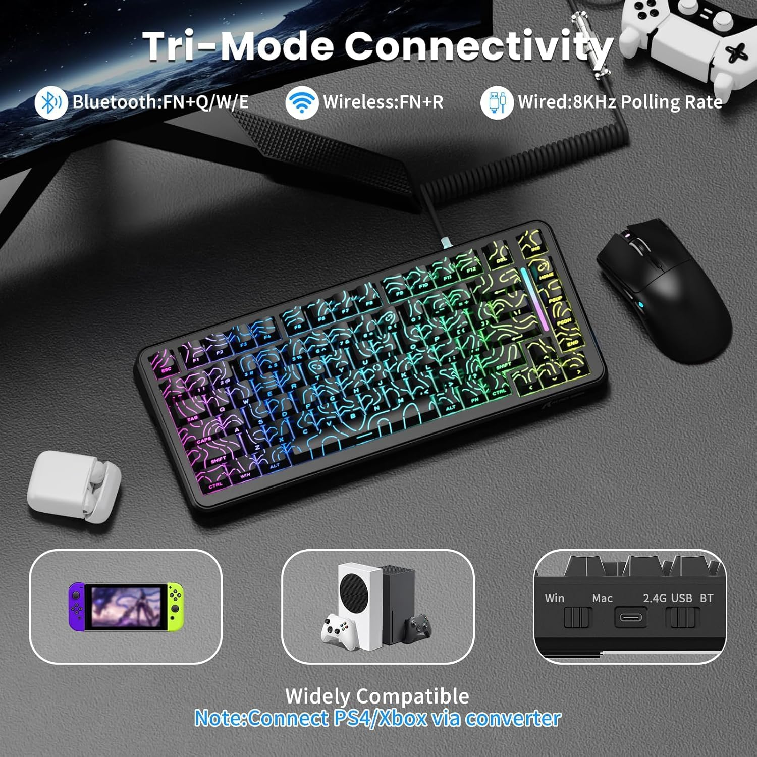 ATTACK SHARK X82 PRO HE Wireless Rapid Trigger RGB Mechanical Gaming Keyboard with Adjustable Actuation,2.4G/Wired/Bt,8K Polling Rate,Hall Effect Magnetic Switch,5000Mah Battery for Fps(Black Contour) image number 1