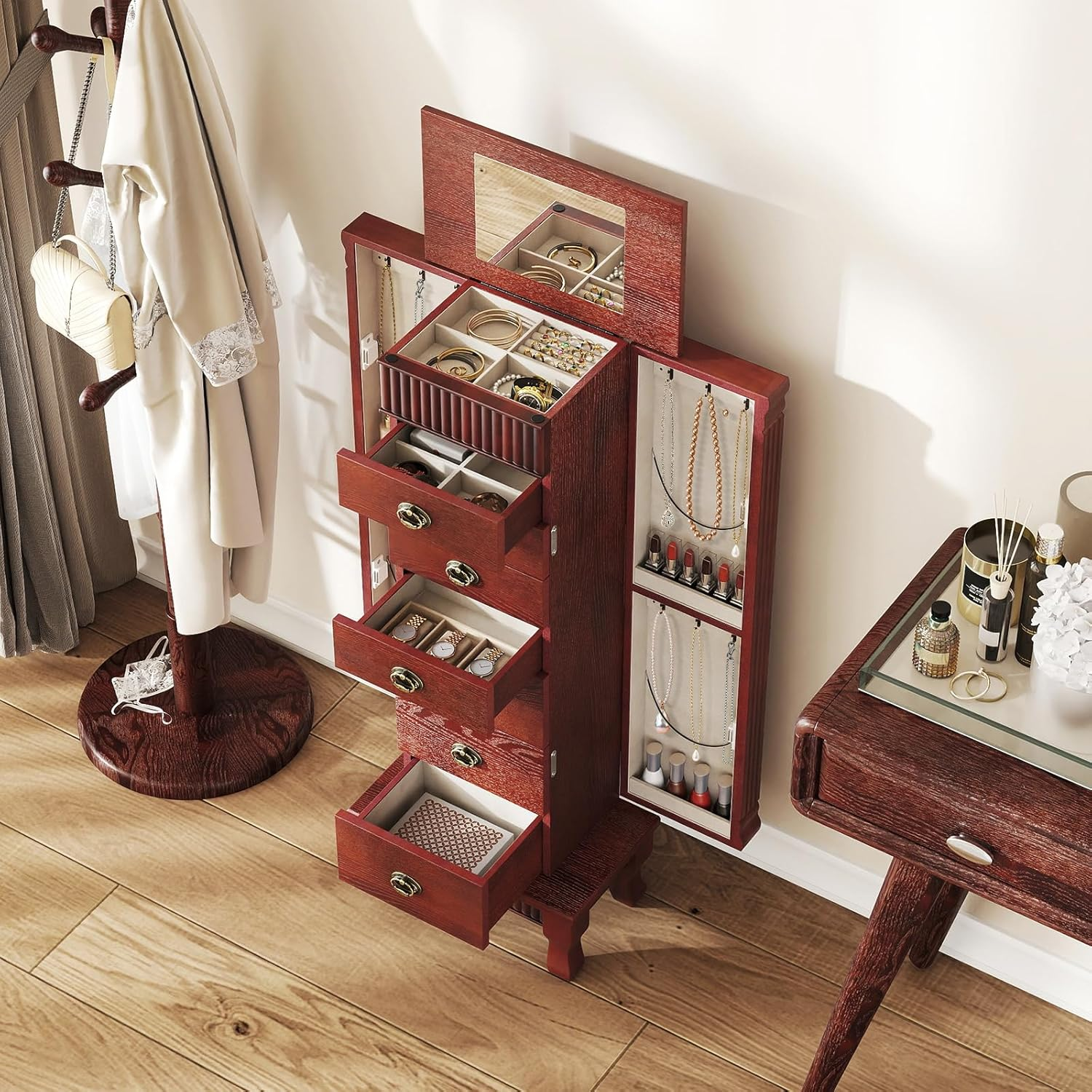 Giantex Standing Jewelry Cabinet with 7 Drawers, Flip-Top Mirror, 2 Side Doors with 12 Necklace Hooks, Divided Ring Compartments, Velvet-Lined Jewelry Armoire Organizer Chest (Cherry) image number 2