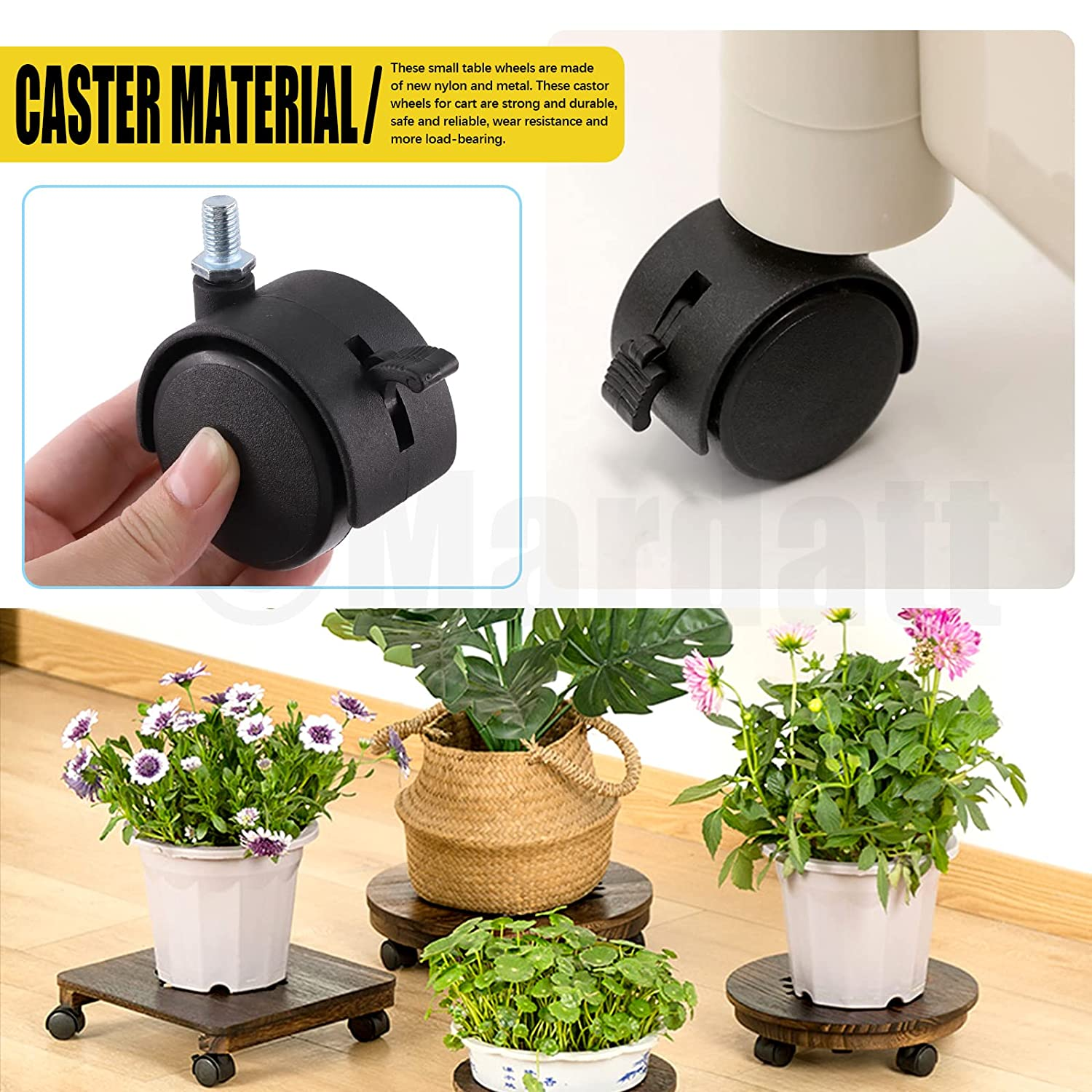 Mardatt 4Pcs 1 Inch Nylon Swivel Caster Wheel with Brake, M8 X 13Mm Threaded Stem Casters Heavy Duty Office Chair Caster Wheels Replacement for Protecting Furniture Wheel Shelf Floor image number 3