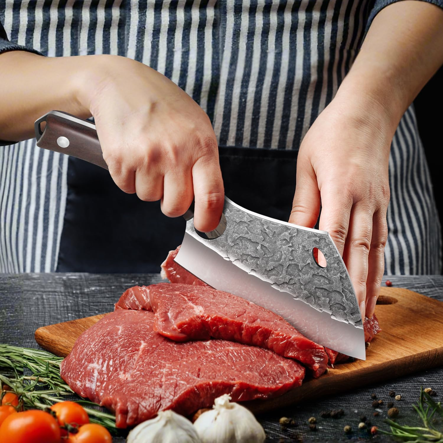 Boning Knife - Uniquefire 6 Inch Butcher Knife, Hammered Forged Chef Cleaver, Handmade Serbian Knife, Full Tang Kitchen Knife, High Carbon Blade Knife with Sheath for Hunting, BBQ, Camping image number 5