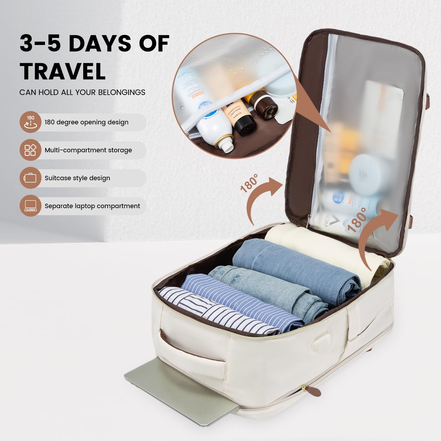 LOVEVOOK Travel Backpack for Women, 40L Carry on Backpack with 3 Packing Cubes,Tsa Personal Item Travel Bag Airline Approved, Water Resistant Weekender Overnight Luggage Daypack, Fits 17 Inch Laptop - Black-Beige-Brown image number 3