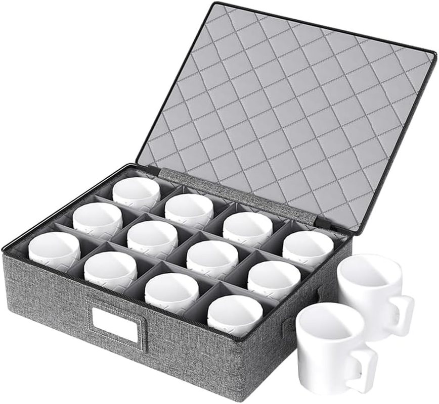 Stackable China Cup Storage Chest for 12 Mugs &ndash; Hard Shell Storage Case with Felt Dividers, Lid, Handles and Label Window &ndash; Ideal for Mugs, Coffee Cups, Tea Cups, and Glasses image number 5