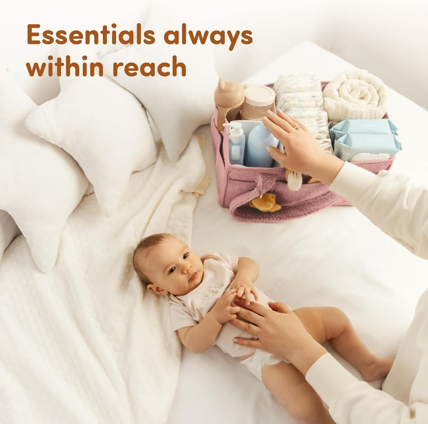 Baby Diaper Caddy Organizer Nappy Caddy Bag Portable Felt Nursery Essential Storage Basket for Baby Essentials, Spacious Car Travel Organizer with Multi Pockets Changing Table Organizer (Powder Pink) image number 4