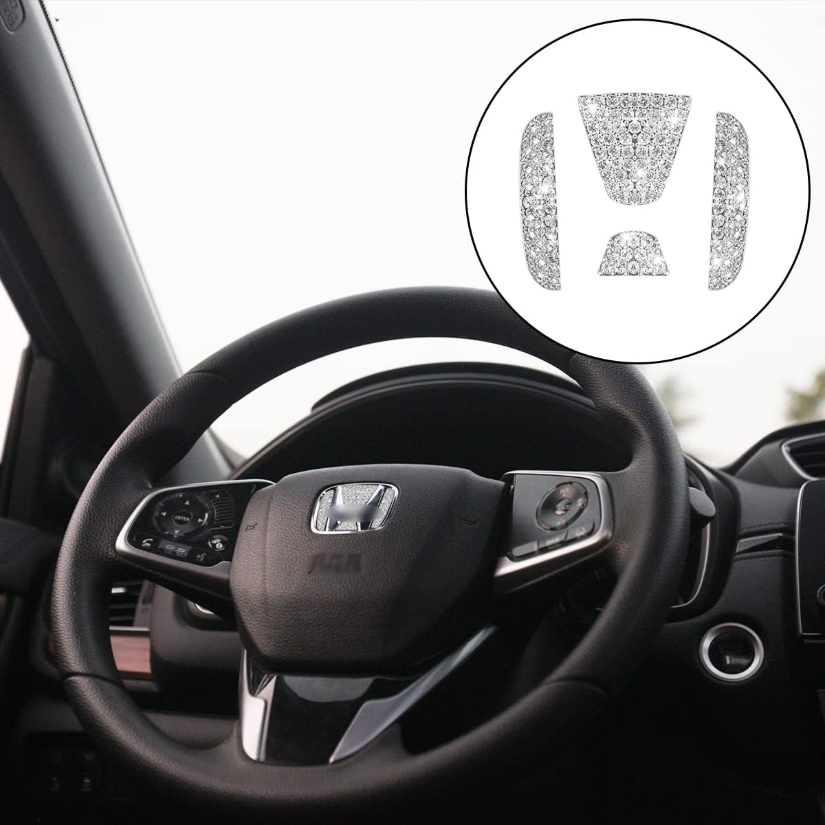 Car Logo Rhinestone Stickers, 3D Rhinestone Car Steering Wheel Decorative Car Bling Accessories Suitable for SUV, Van, Car, Truck (White)