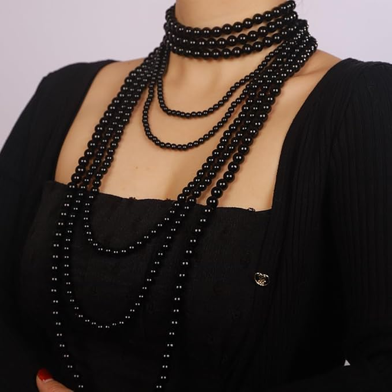 Faux Pearl Necklaces,Women Long Pearl Necklace Costume Jewelry,Pearl Necklace Vintage Multi Strands Necklace,Layered Pendant Pearls Jewelry Pearl Necklaces,White Pearl Costume Necklace - Black image number 2
