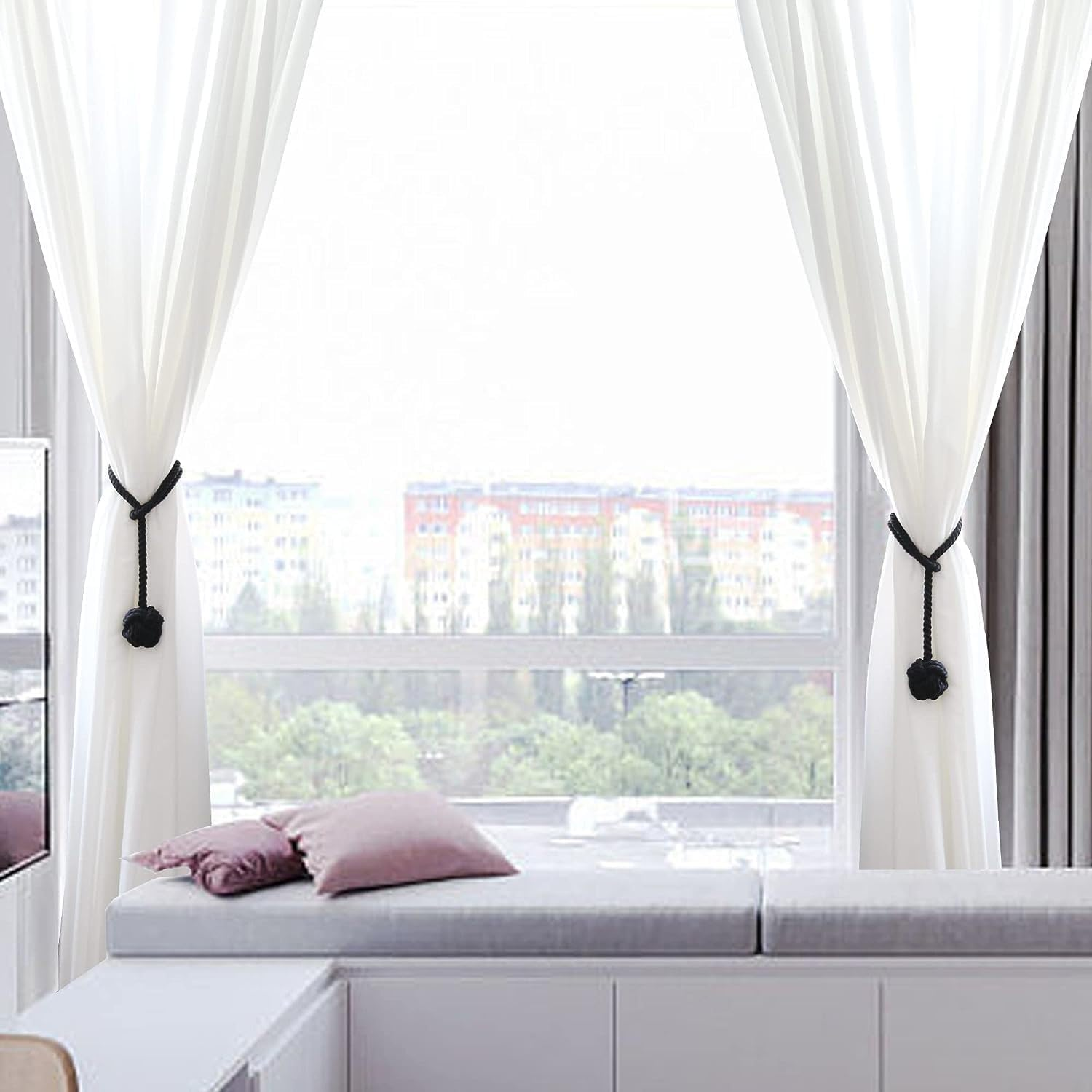 Aoozleny Curtain Tiebacks 2 Pack, Curtain Ties, Curtain Holdbacks, Handwoven Cotton String Tie Ball for Curtains Pull Backs, Drapery Tiebacks, Curtain Rope Tiebacks (Black) image number 6