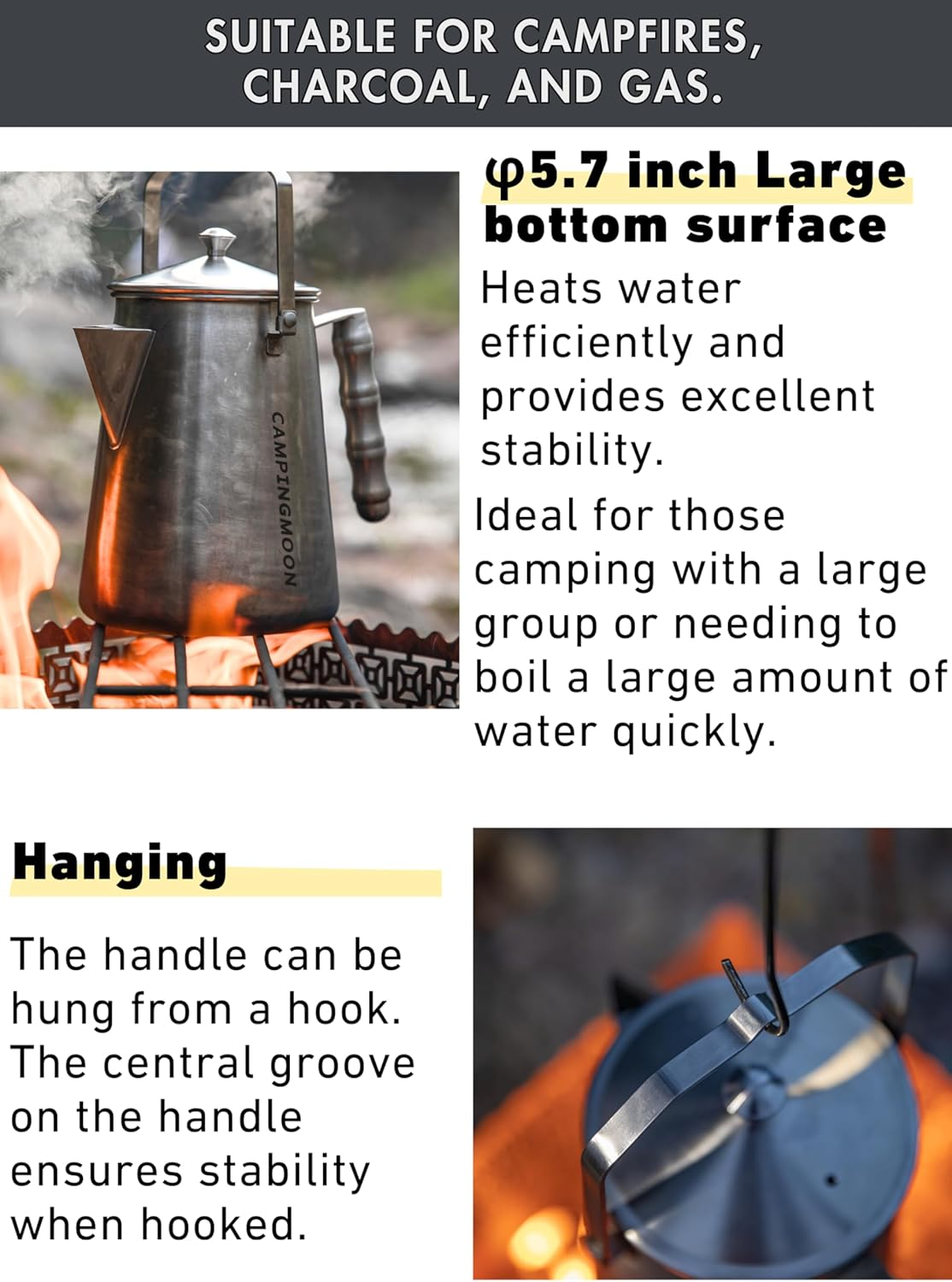 CAMPINGMOON 1.5L Campfire Kettle Stainless Steel Camping Coffee Pot Full Capacity 1.86L SW-6 image number 4