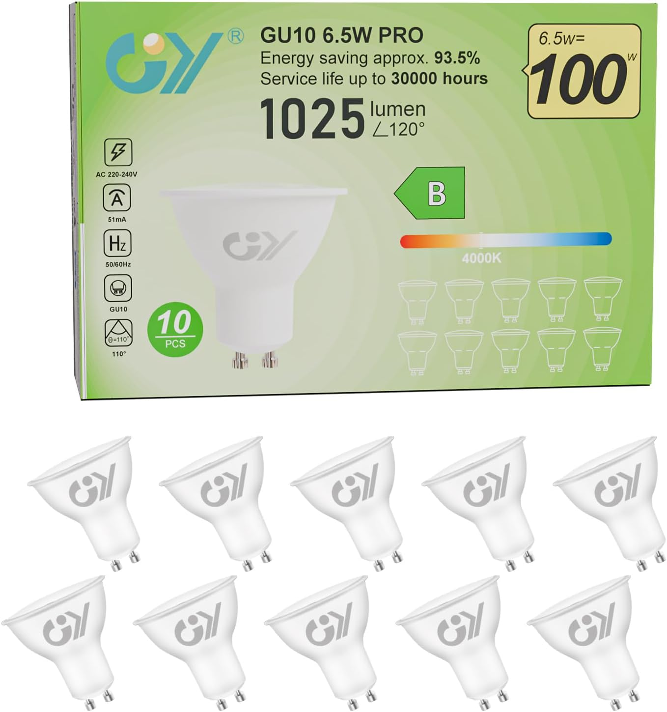 GY GU10 LED Bulb 4.9W 780Lm Warm White 3000K Energy Saving LED Bulb, Energy Efficiency Class B Replaces 80W, 110&deg;Beam Angle Non-Dimmable, 5 Pack