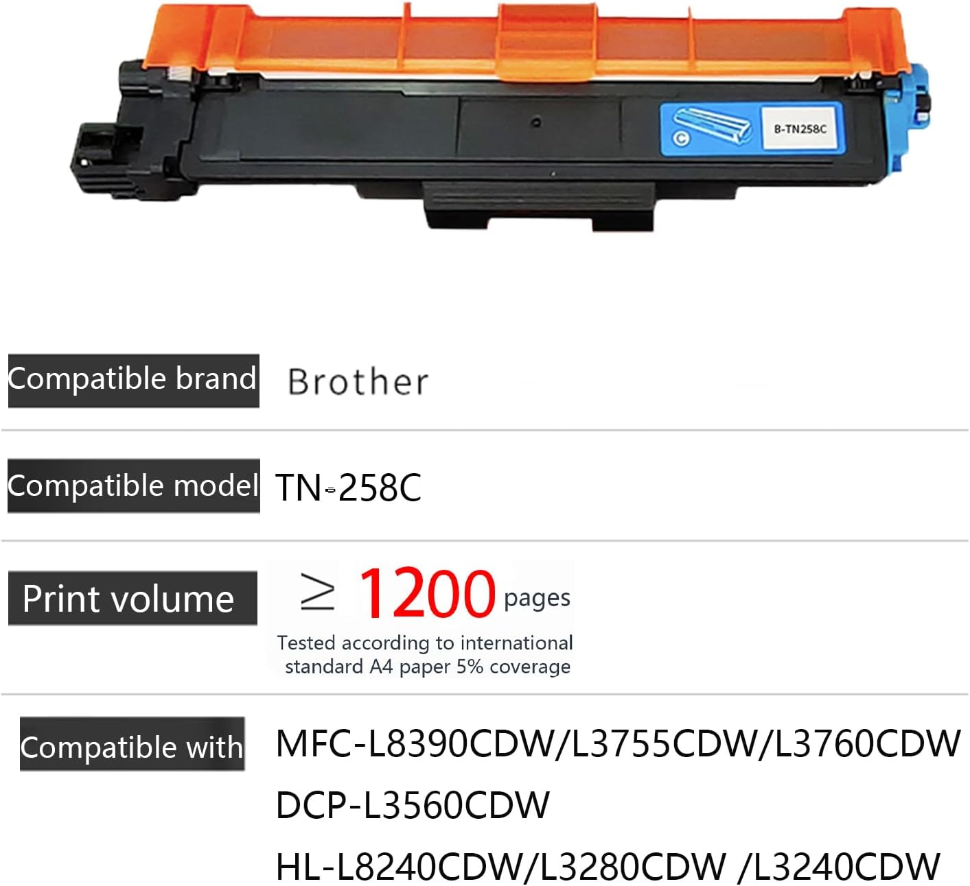 JOJOBE Planet TN-258C Compatible Toner Cartridge with Brother MFC-L8390CDW L3755CDW L3760CDW L8240CDW HL-L3280CDW L3240CDW DCP-L3520CDW L3560CDW , 1200 Pages per Cartridge Cyan image number 5