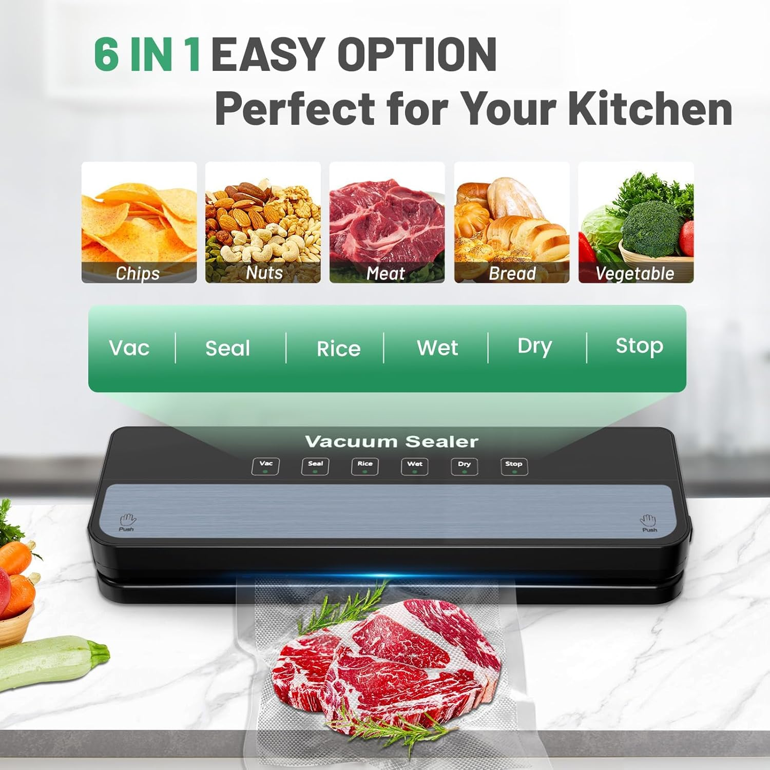 2025 Vacuum Sealer Machine Food Vacuum Sealer with 30Pcs Vacuum Sealer Bags for Food Storage Sealer Machine 6-In-1 for Dry/Moist Modes, Compact Design (AU PLUG)