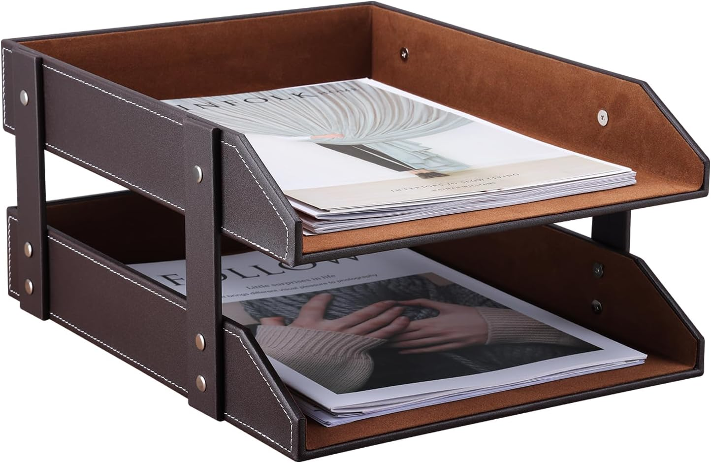 KINGFOM Office Desktop Files Collection Letter Tray A4 Print Papers Document Holder Leather Wooden Structure 2 Trays (Brown) A230-Brown