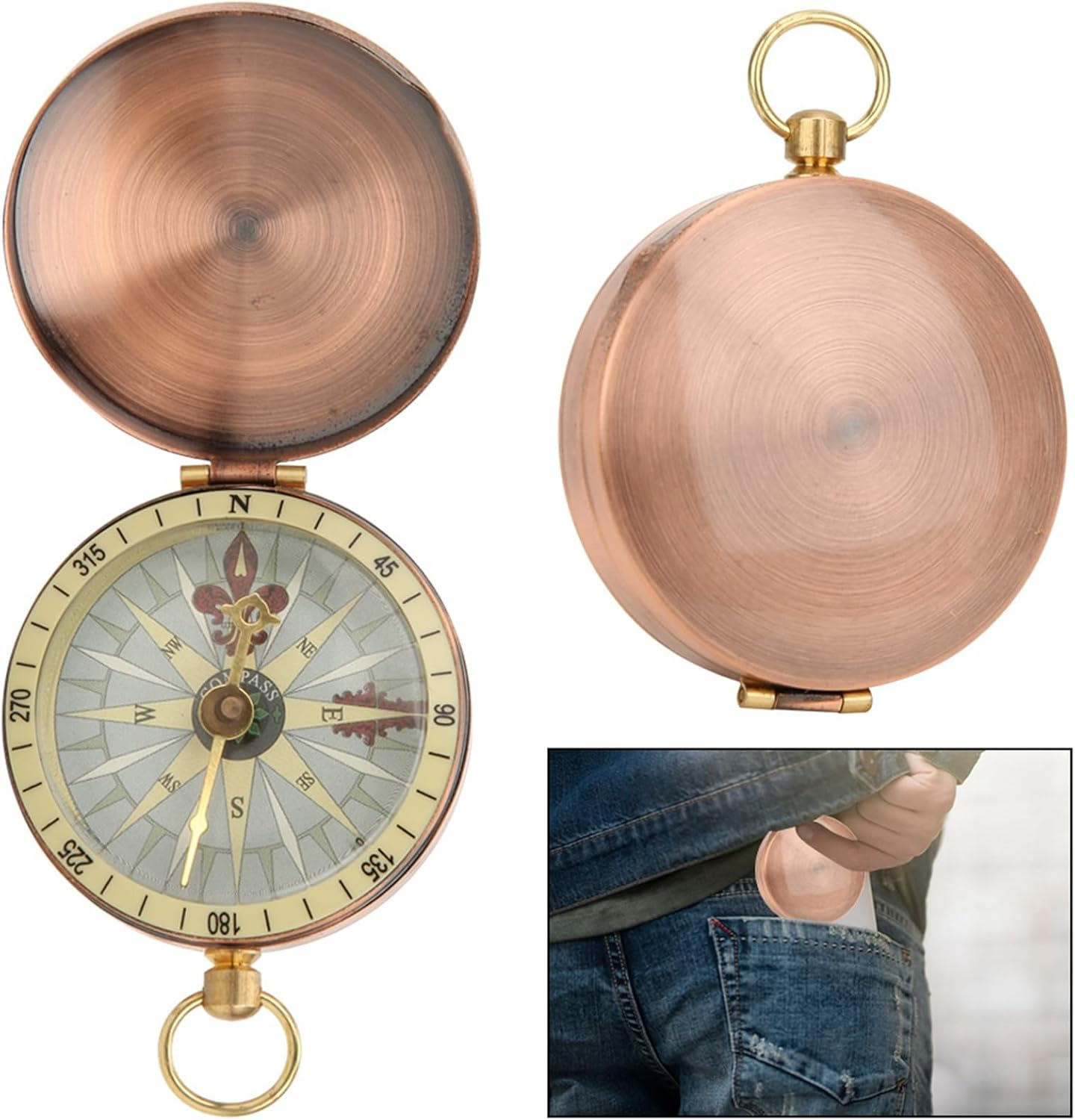 Vintage Retro Metal Copper Pocket Watch Compass, Lightweight and Portable for Camping Hiking, Suitable for Outdoor Activities, Bronze image number 6