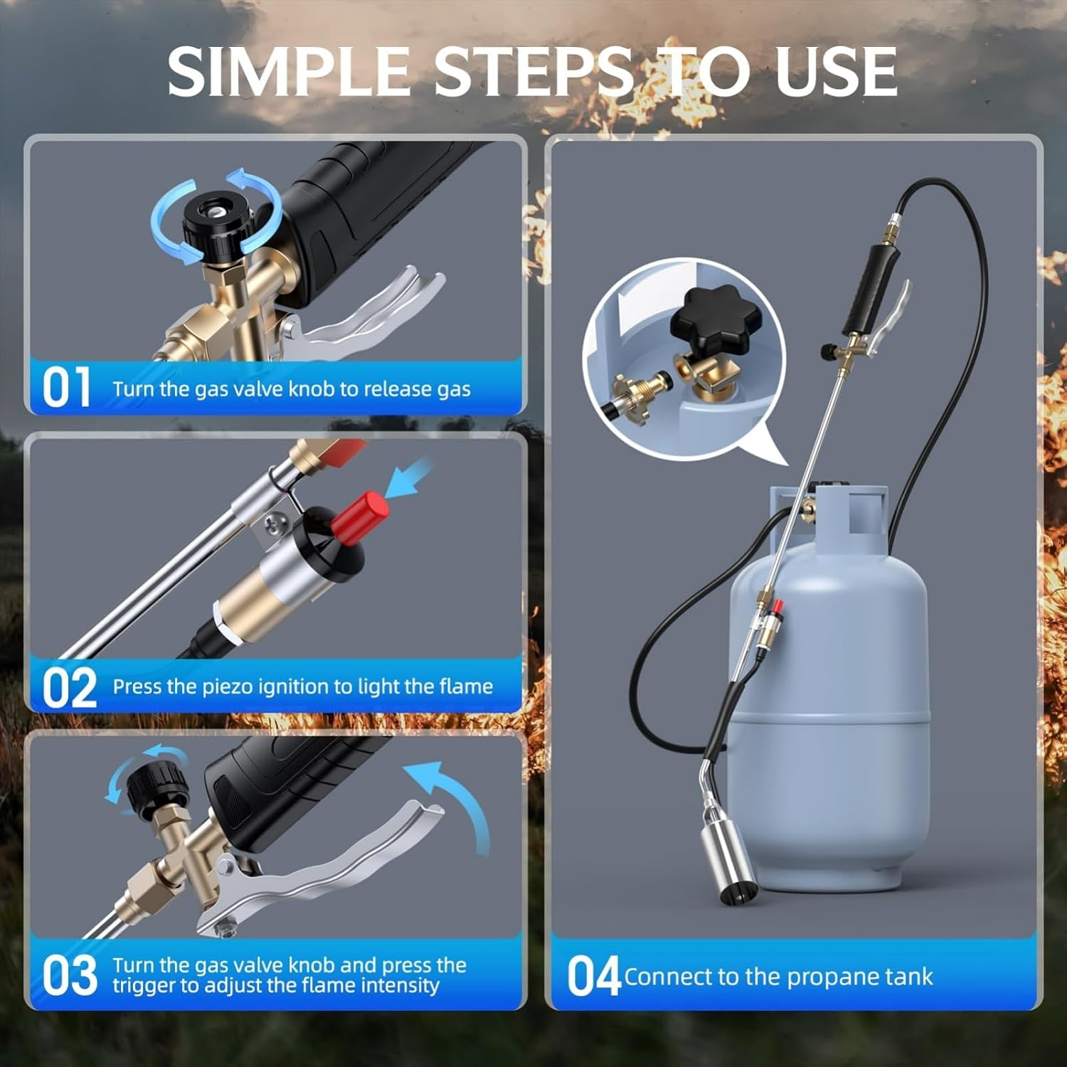 Propane Torch Weed Burner, 800,000 BTU Propane Gas Blow Torch Head Weed Torch with 10FT Hose, Flame Control, Turbo Trigger Push Button Igniter, Flamethrower for Burning Weed Roads Paint Removal Silver image number 1
