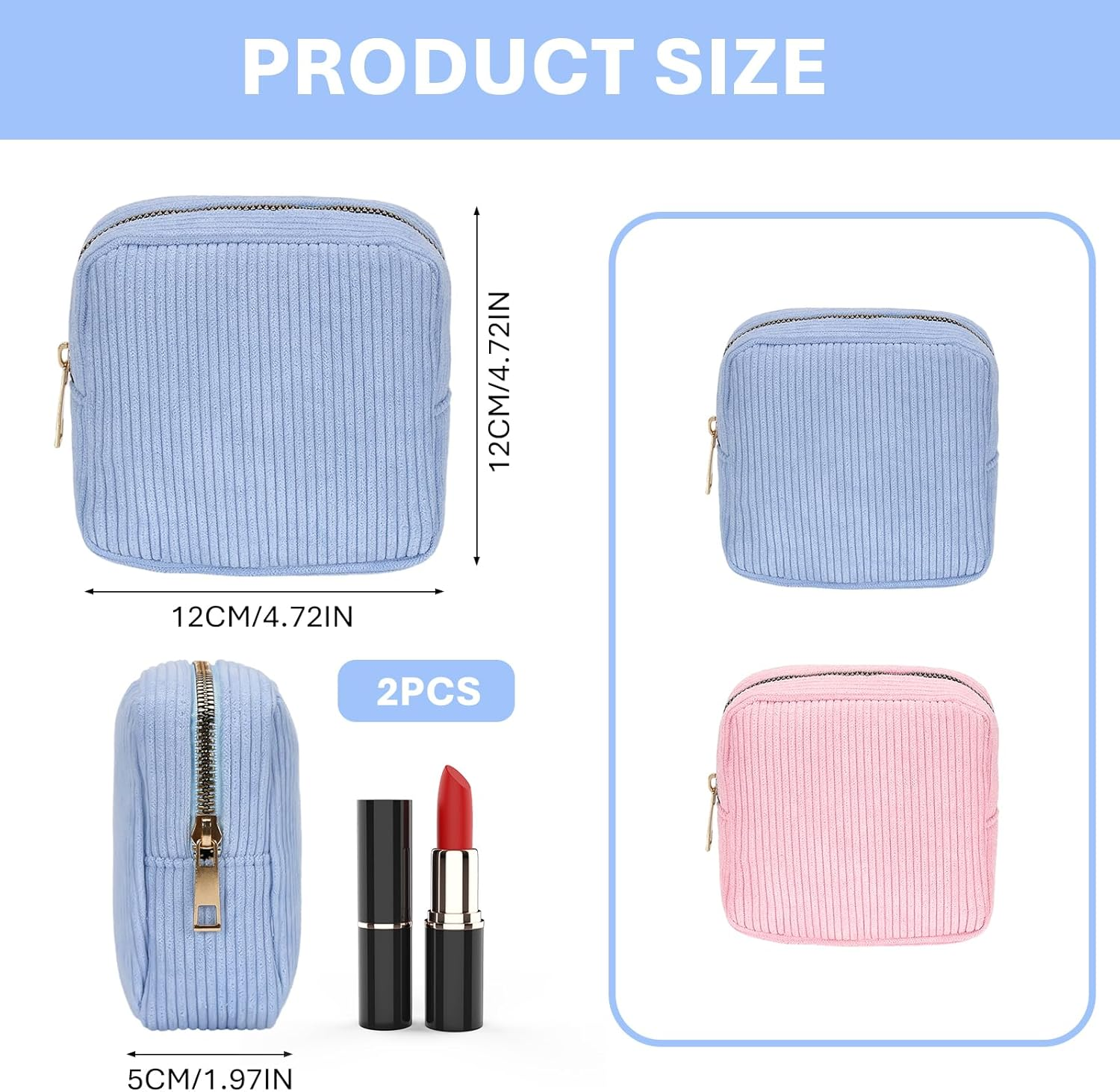 Pack of 2 Small Cosmetic Bags, 12 X 5 X 12 Cm Make-Up Bag, Small Mini Make up Bag with Metal Zip, Cord Toiletry Bag for Cosmetics, Skincare and Toiletries (Pink, Blue) image number 5