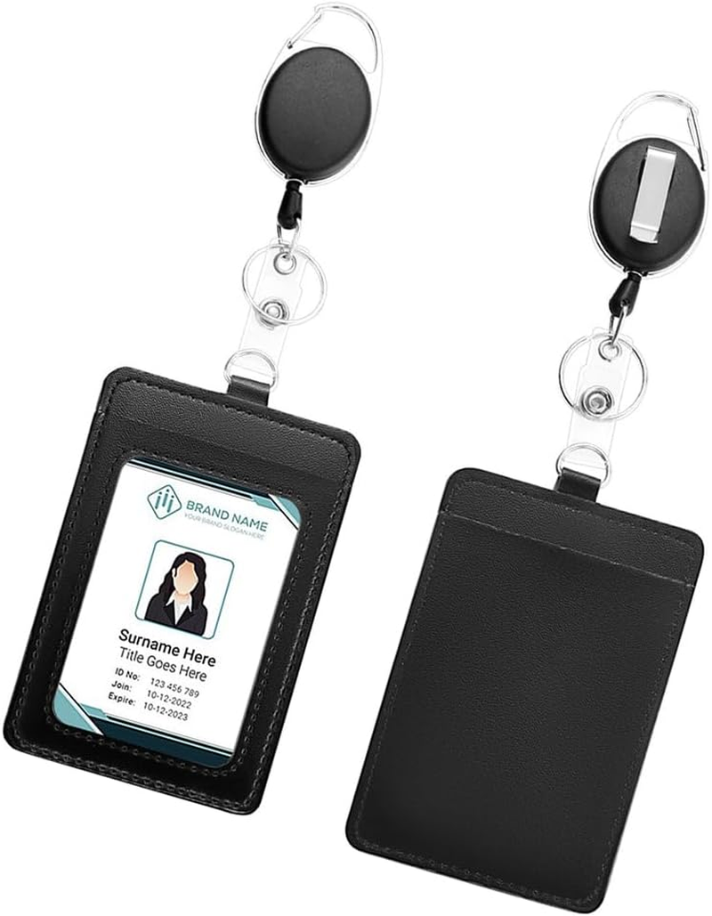 2 Pack Badge Holders and Heavy Duty Retractable Reel Clips Set, Id Card Holder Retractable,Vertical Leather Swipe Card Holder with 1 Clear ID Window & 2 Credit Card Slots image number 6