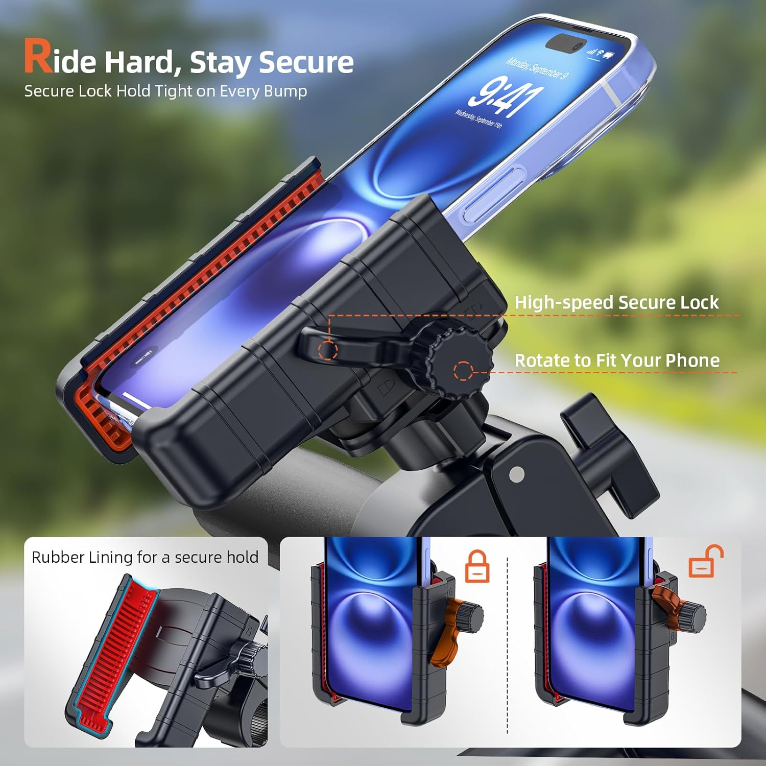 Marsrider 3Rd-Gen Anti-Vibration Motorcycle Phone Holder for Bike, Bicycle Handlebar Cell Phone Mount with High-Speed Lock, Electric Scooter Phone Holder for Stroller Mountain Bike Fit 4.7-7'' Phones