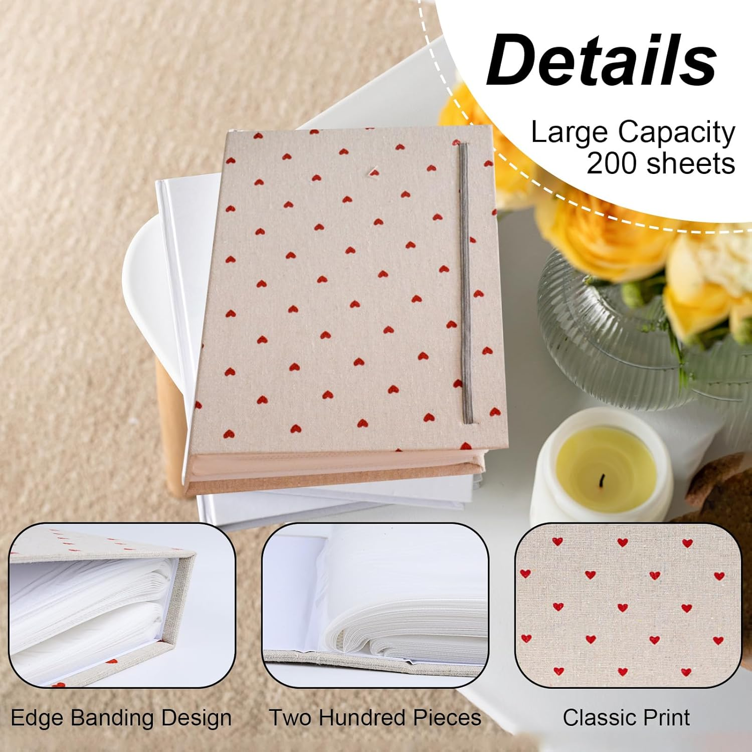 4X6 Photo Album Soft Linen Cover Family Memory Book Large Album 200 Photos for Art Postcard Picture Storage Baby Keepsake Vacation Birthday DIY Record Memories(Red Hearts) image number 4