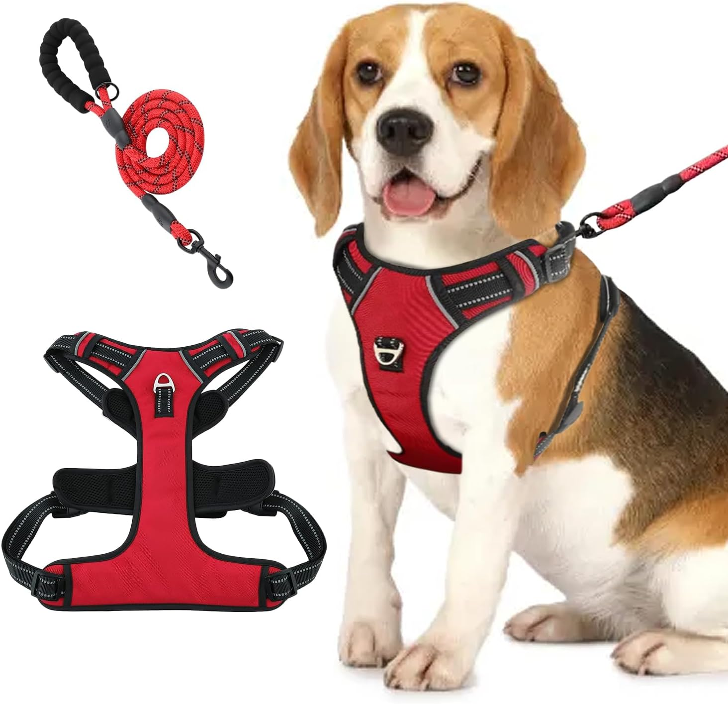 No Pull Dog Harness,Oxford Dog Vest Harness, Reflective No-Choke Pet Harness with Easy Control Soft Handle Walking Dog Harness,Double Padded, Adjustable, Small to Large Dogs Incl Bonus Leash (Red, XL)