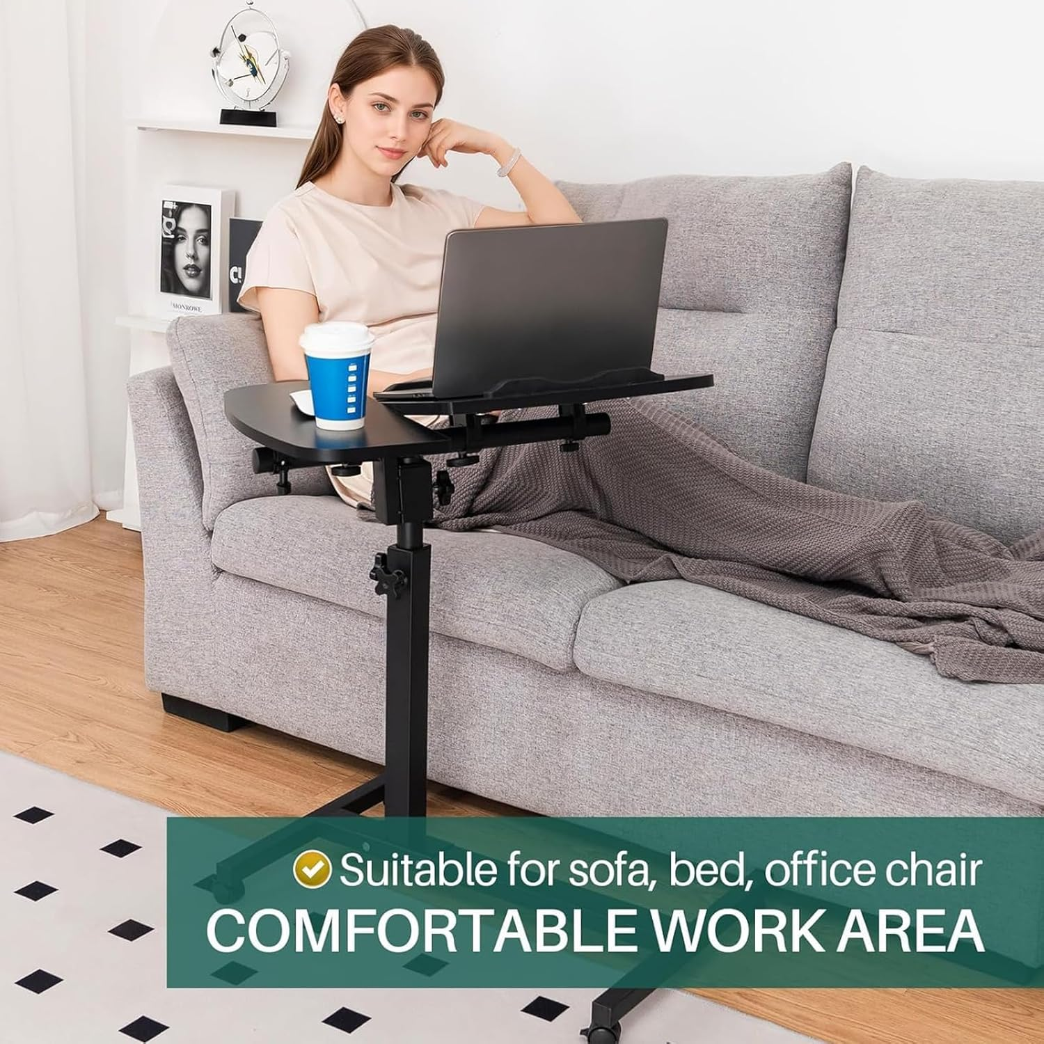 Adjustable Laptop Desk, Adjustable Desk for Bed, 60X40X（60-95） CM Laptop Cart, over Bed Table,Portable 360&deg; Rotating Lockable Caster Wheels Tiltable Table and Laptop Stand（Black） image number 4