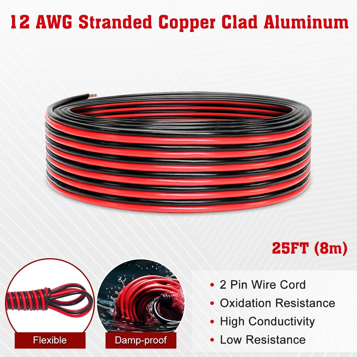 UCINNOVATE Electrical CCA Wire 2 Conductor, 12 AWG 50FT (Red 25FT+ Black 25FT) Low Voltage Automotive Speaker Wire 12 Gauge 12V/24V DC PVC Car Battery