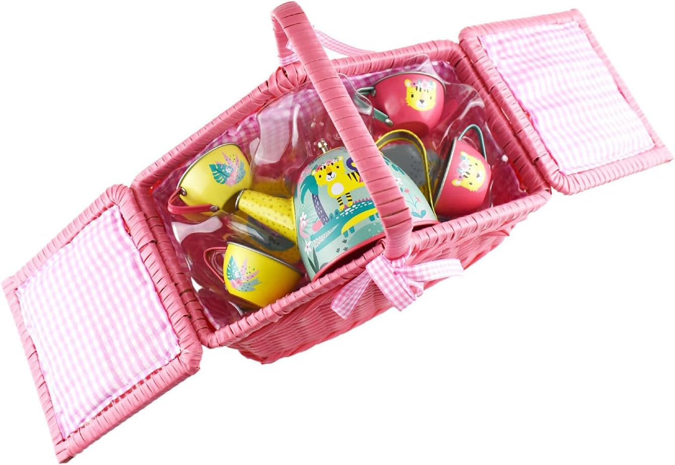 Kaper Kidz TIGER TIN TEA SET in Pink Picnic Basket 18-Piece Set: Perfect Pretend Play Tea Party Fun!