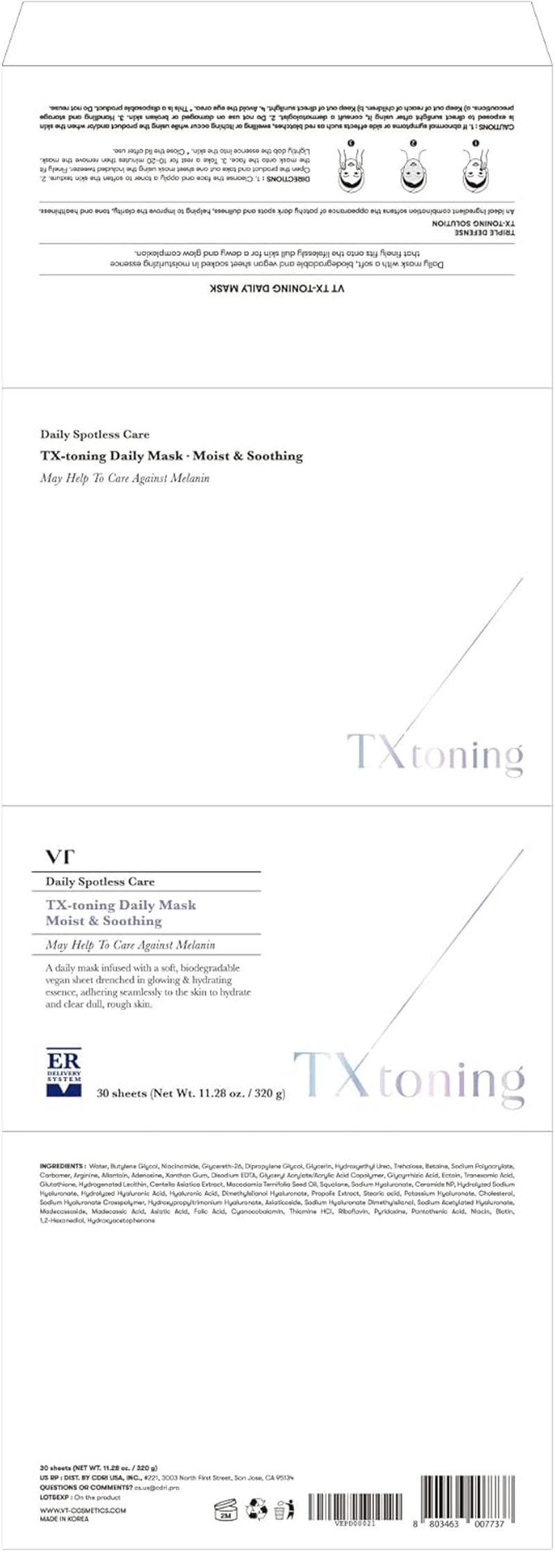 VT COSMETICS TX Toning Daily Sheet Mask (30Ea), Hydrating Face Mask with Hyaluronic Acid, Niacinamide, Tranexamic Acid for Dry, Dark Spots, Sensitive Skin, Korean Skincare, Fragrance-Free image number 1