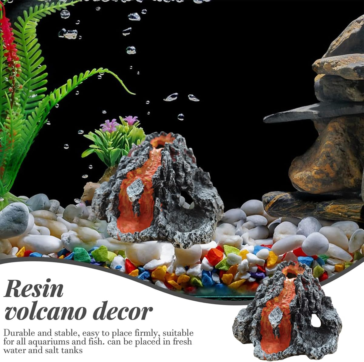 AIMALL Creative Resin Volcanic Eruption Aquarium Ornament with Air Bubble Stone Landscape Decoration for Fish Tank Shrimp Cave Reptile Terrarium 6.7X6.8X3.3In image number 4
