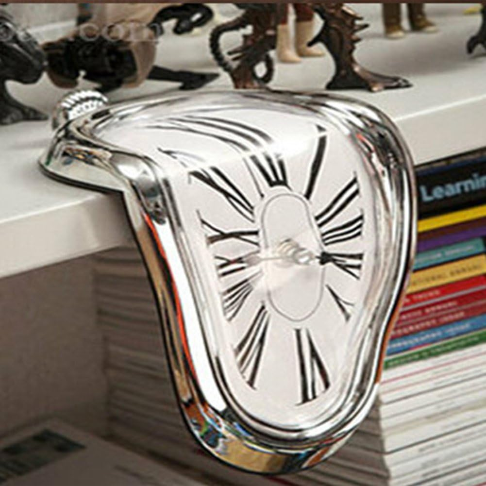 EKDJKK Melting Clock, Decorative Dali Watch Melting Clock, Fashion Surrealistic Table Shelf Desk Clock Salvador Dali Inspired Funny Home Office Desks Watch (Silver) image number 6