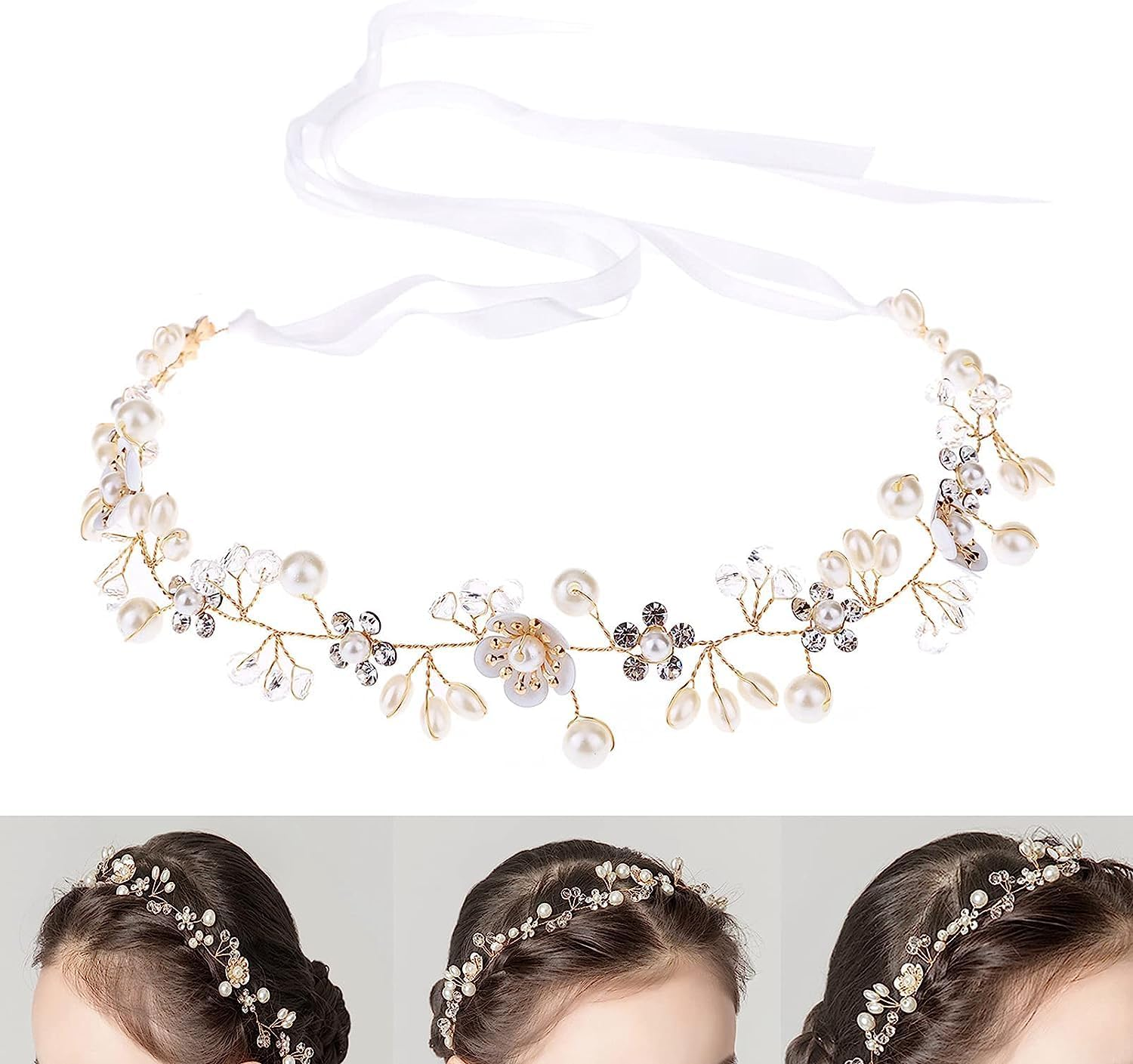 Crystal Bridal Headpiece with Golden Flowers, Bridal Headpiece, Bridal Headpieces Crystal Headband for Wedding, Accessory for Brides, Bridesmaids and Flower Girls, Elegant Hair Accessory (Silver-A) image number 1